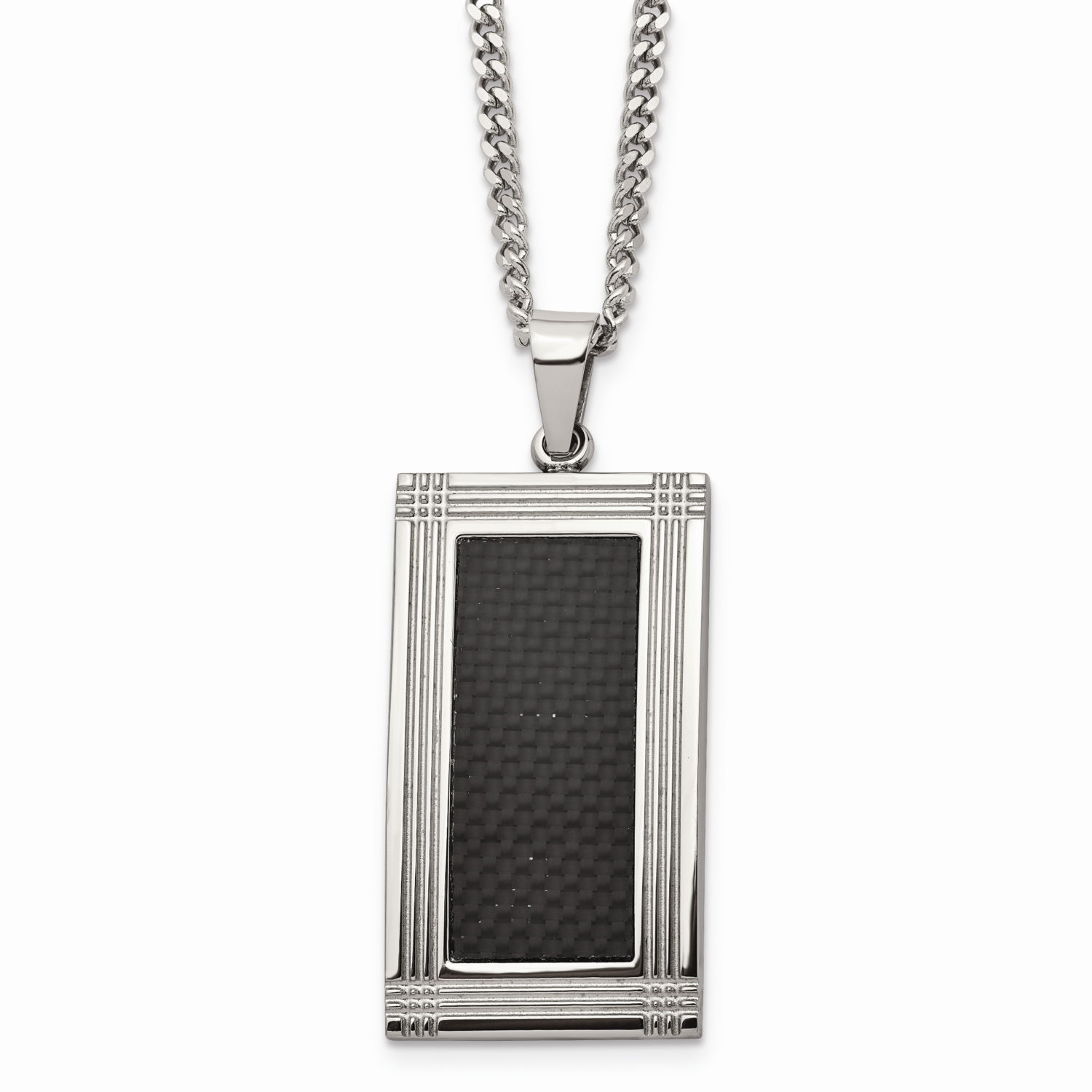 Grooved Black Carbon Fiber Inlay 24 Inch Necklace Stainless Steel Polished SRN2071-24