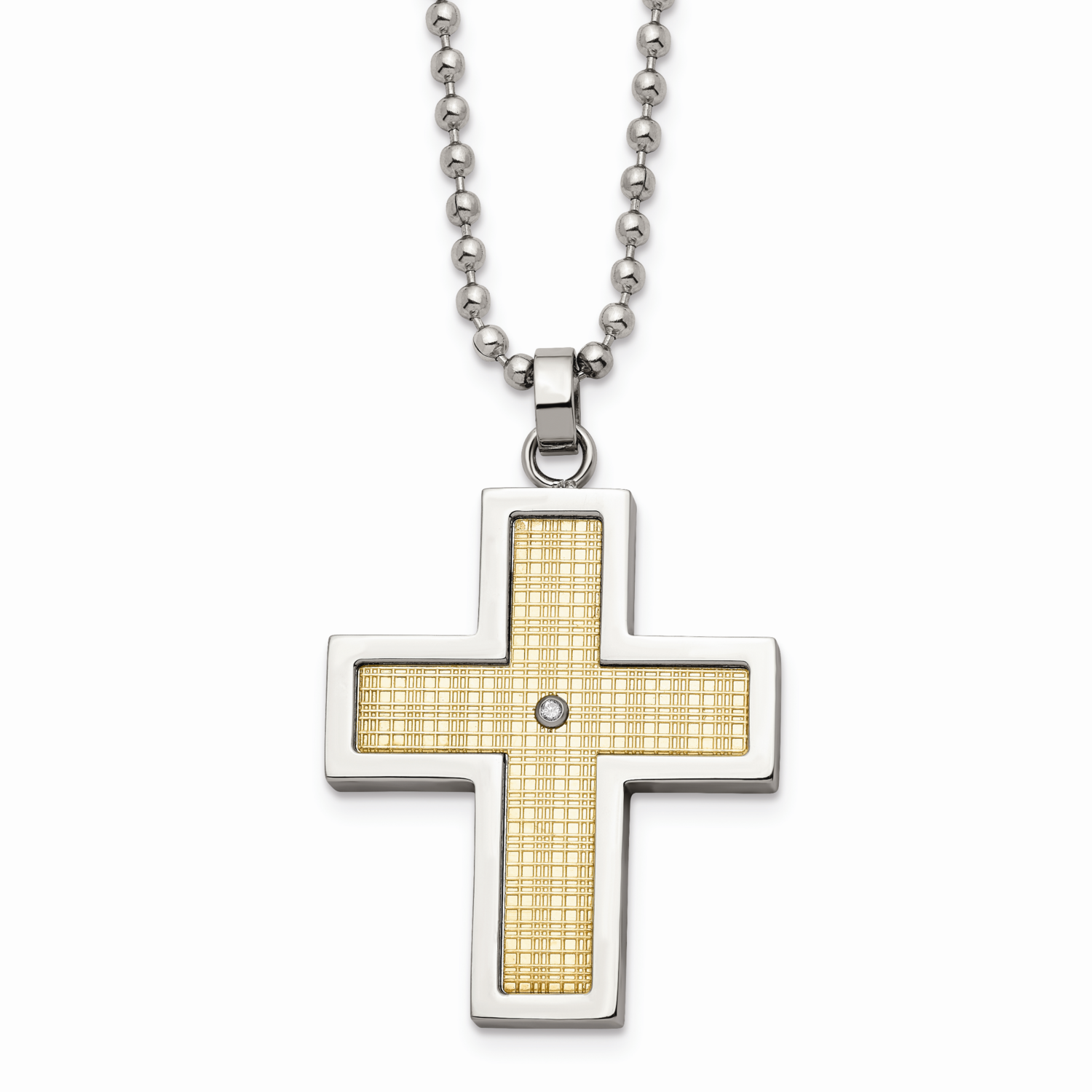 18k Polished Textured Diamond Cross Necklace Stainless Steel SRN2131-24