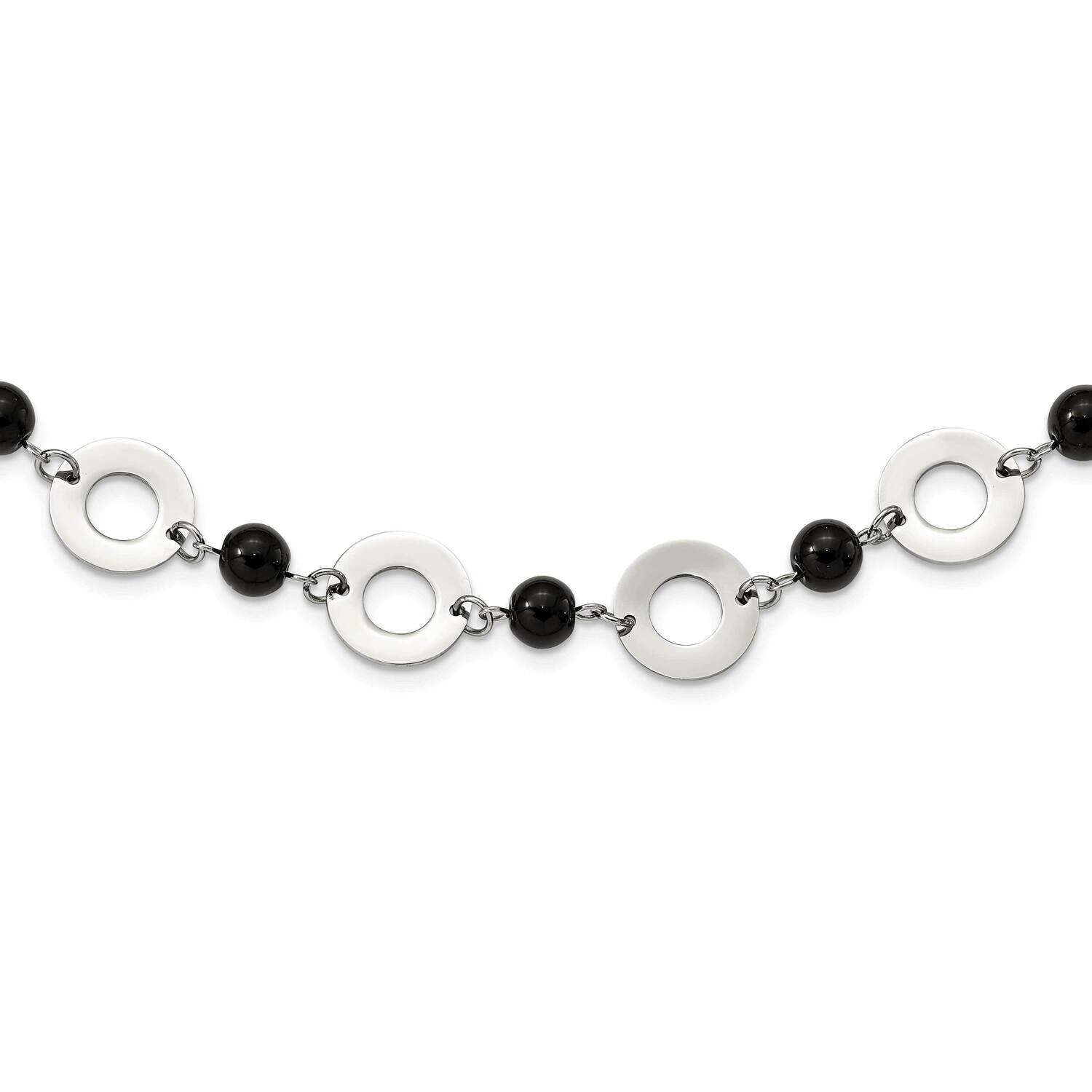 Leather with Black Agate 1.5 Inch Extension Necklace Stainless Steel Polished SRN2251-27 by Chisel,…