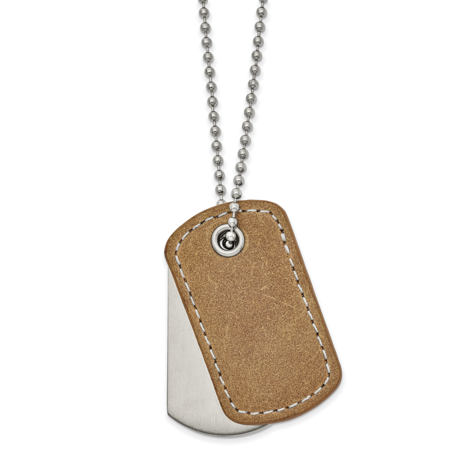 Tan Leather 22 Inch Dog Tag Necklace Stainless Steel Brushed and Polished SRN2314-22
