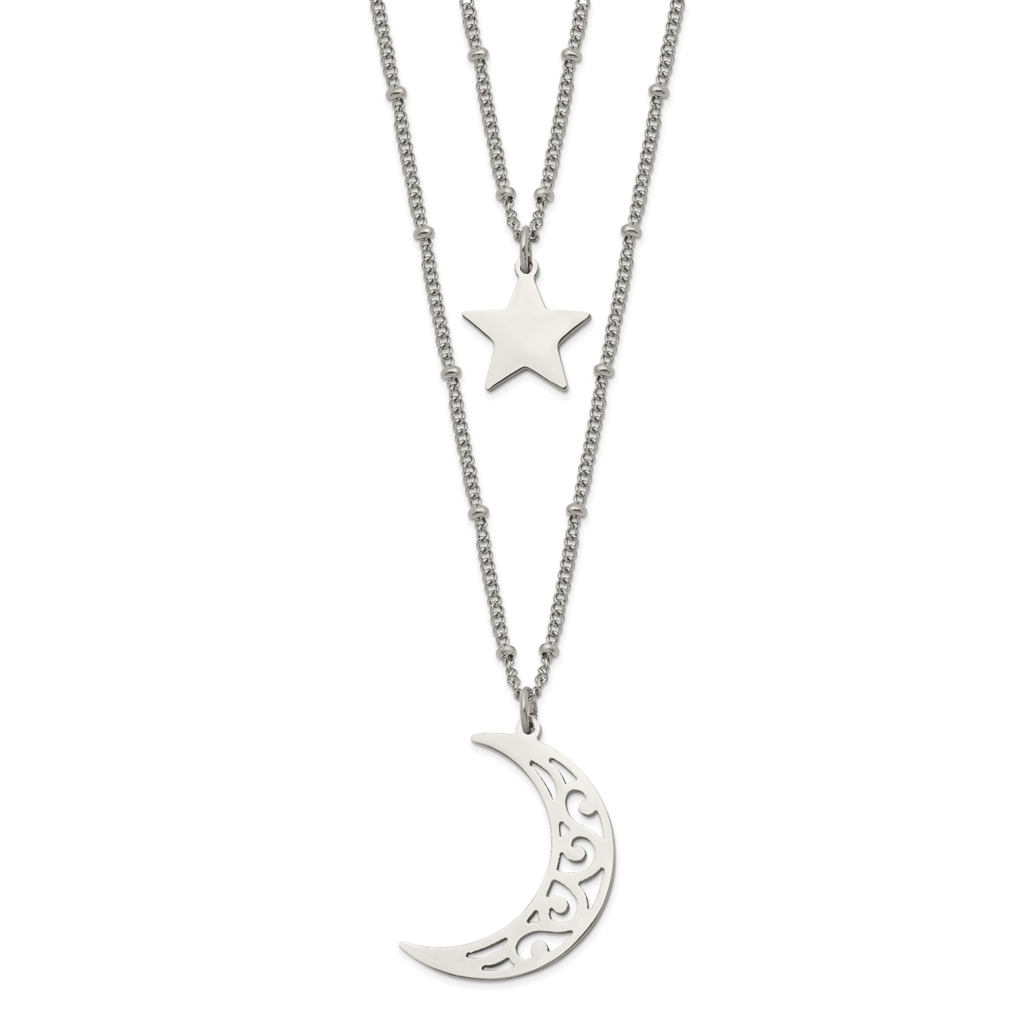 2 Strand Beaded Star and Moon 30 Inch ch Necklace Stainless Steel Polished SRN2490-30