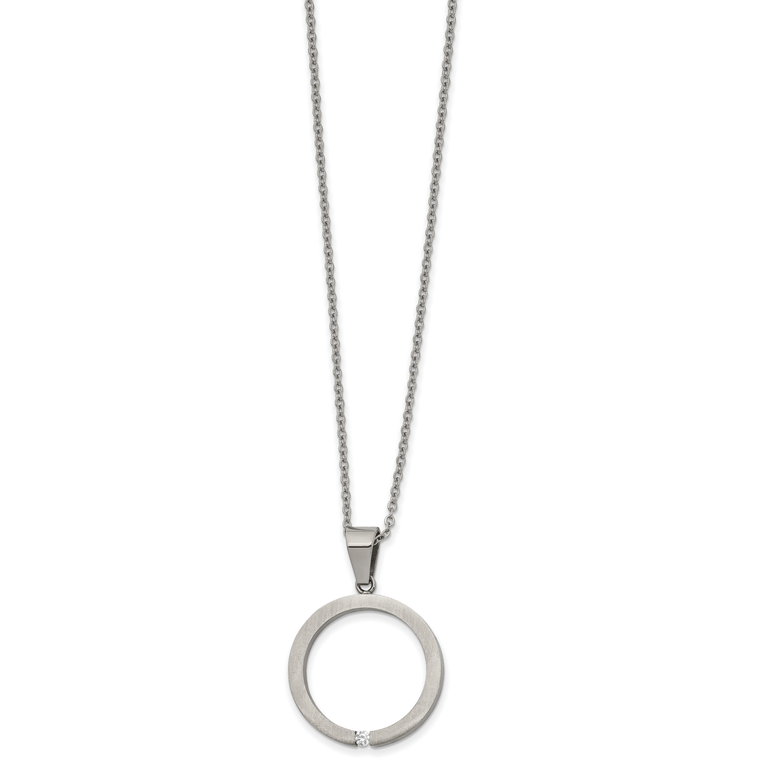 Polished CZ Stone Stone Circle 16 Inch 2 Inch Extension Necklace Stainless Steel Brushed SRN2588-16