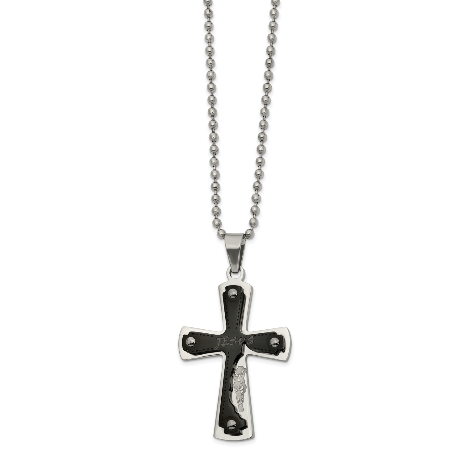 Black IP-plated JESUS Cross 22 Inch Necklace Stainless Steel Polished SRN2645-22
