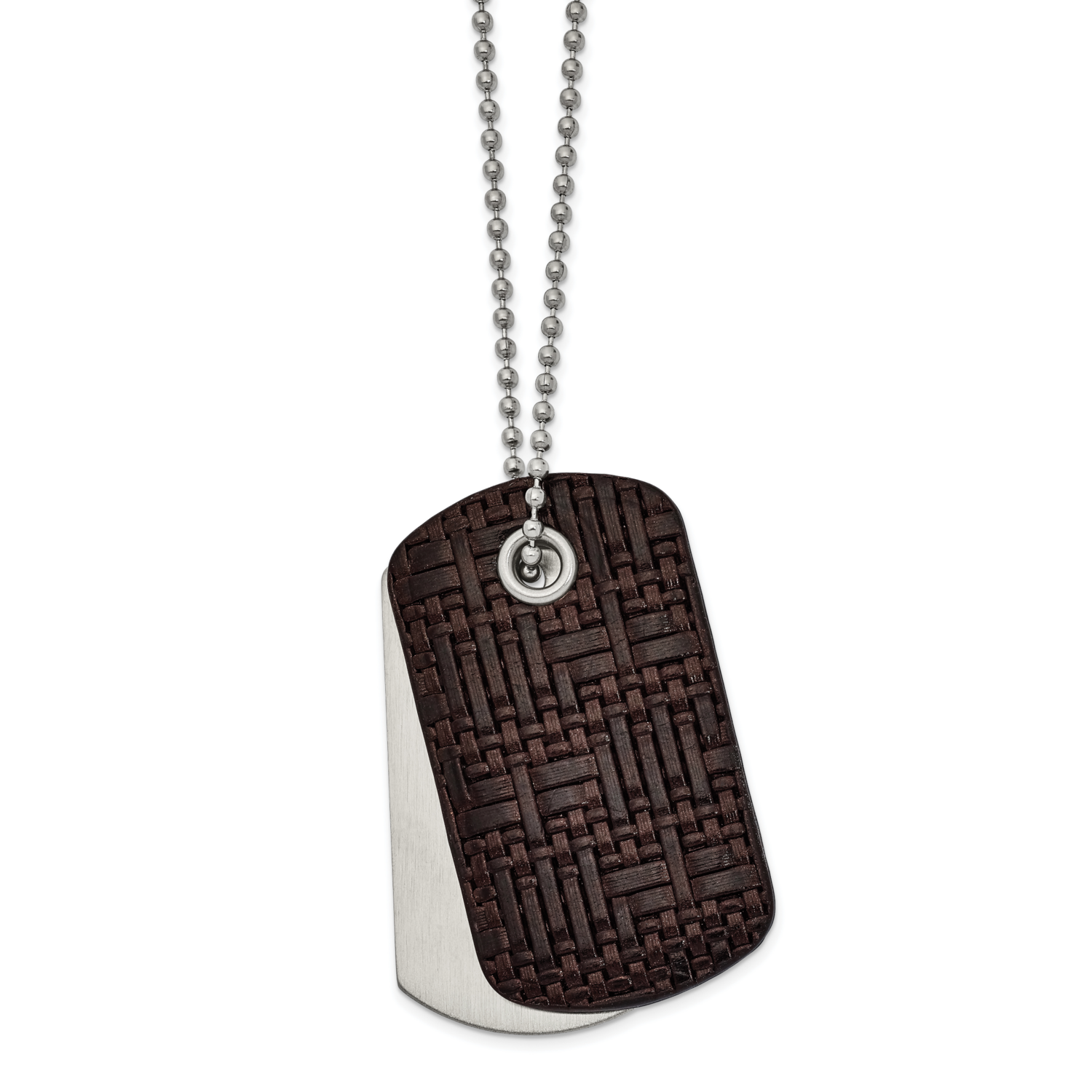 Brown Woven Leather 22 Inch Dog Tag Necklace Stainless Steel Brushed SRN2678-22