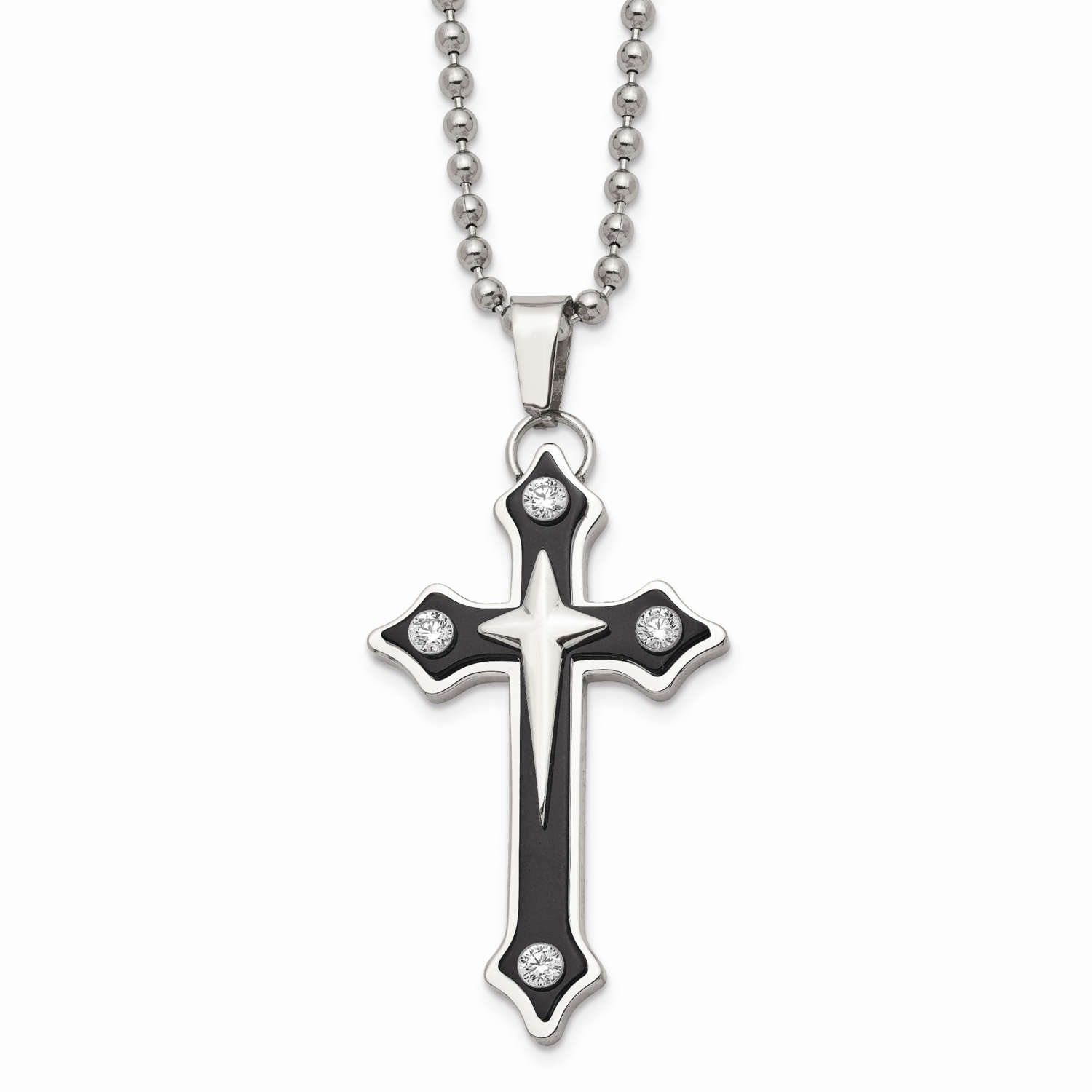 Black IP-plated Cross with CZ Stone Stone Pendant Necklace Stainless Steel SRN296-20 by Chisel, MPN…