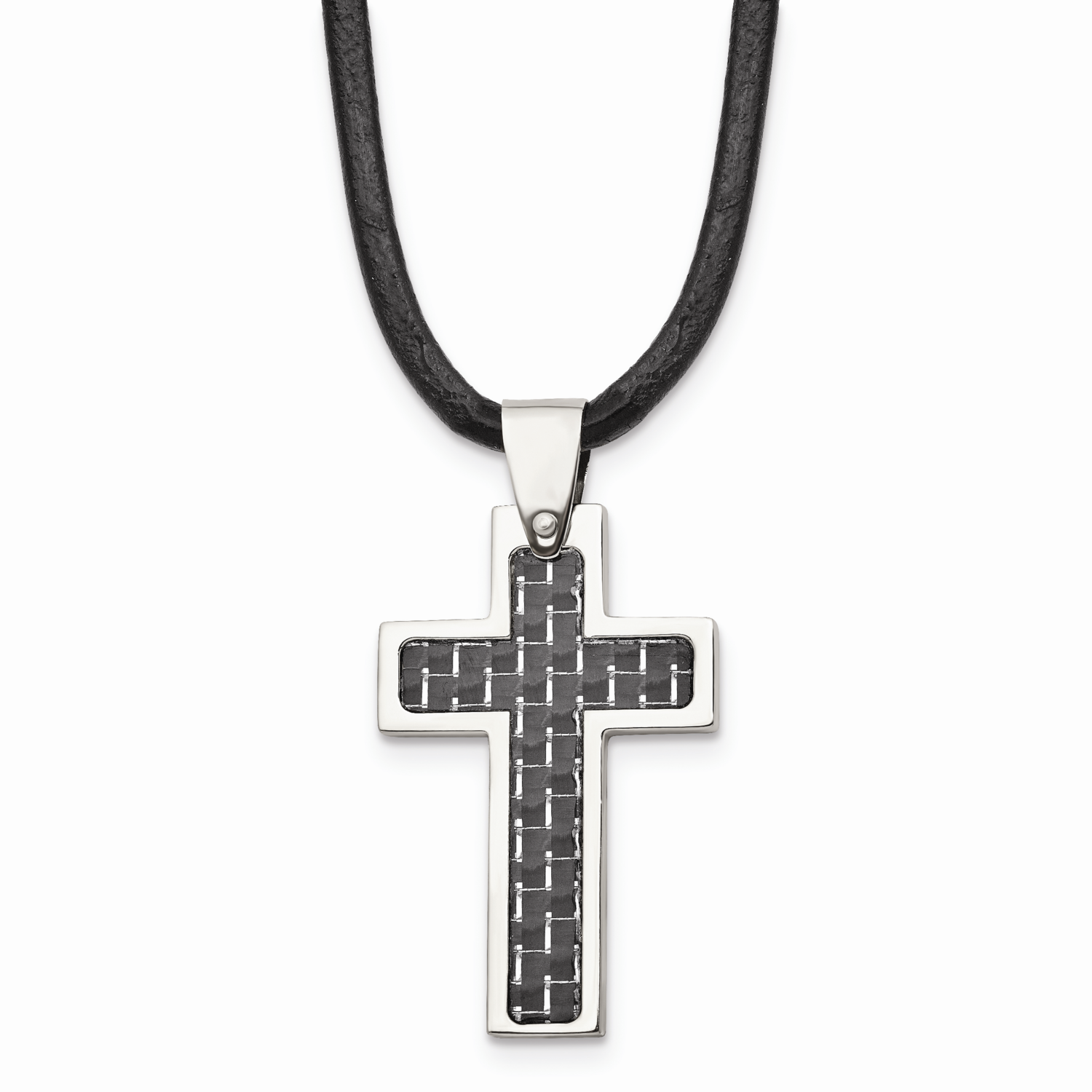 Black Carbon Fiber Inlay Cross 18 Inch Leather Cord Necklace Stainless Steel SRN344-18 by Chisel, M…