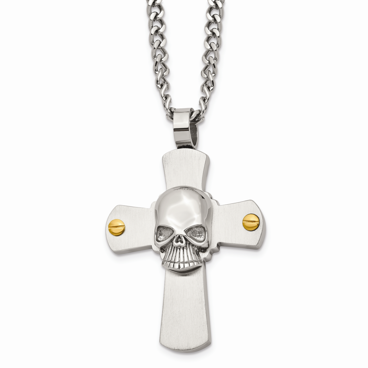 Yellow IP-plated Skull on Cross 24 Inch Necklace Stainless Steel SRN363-24