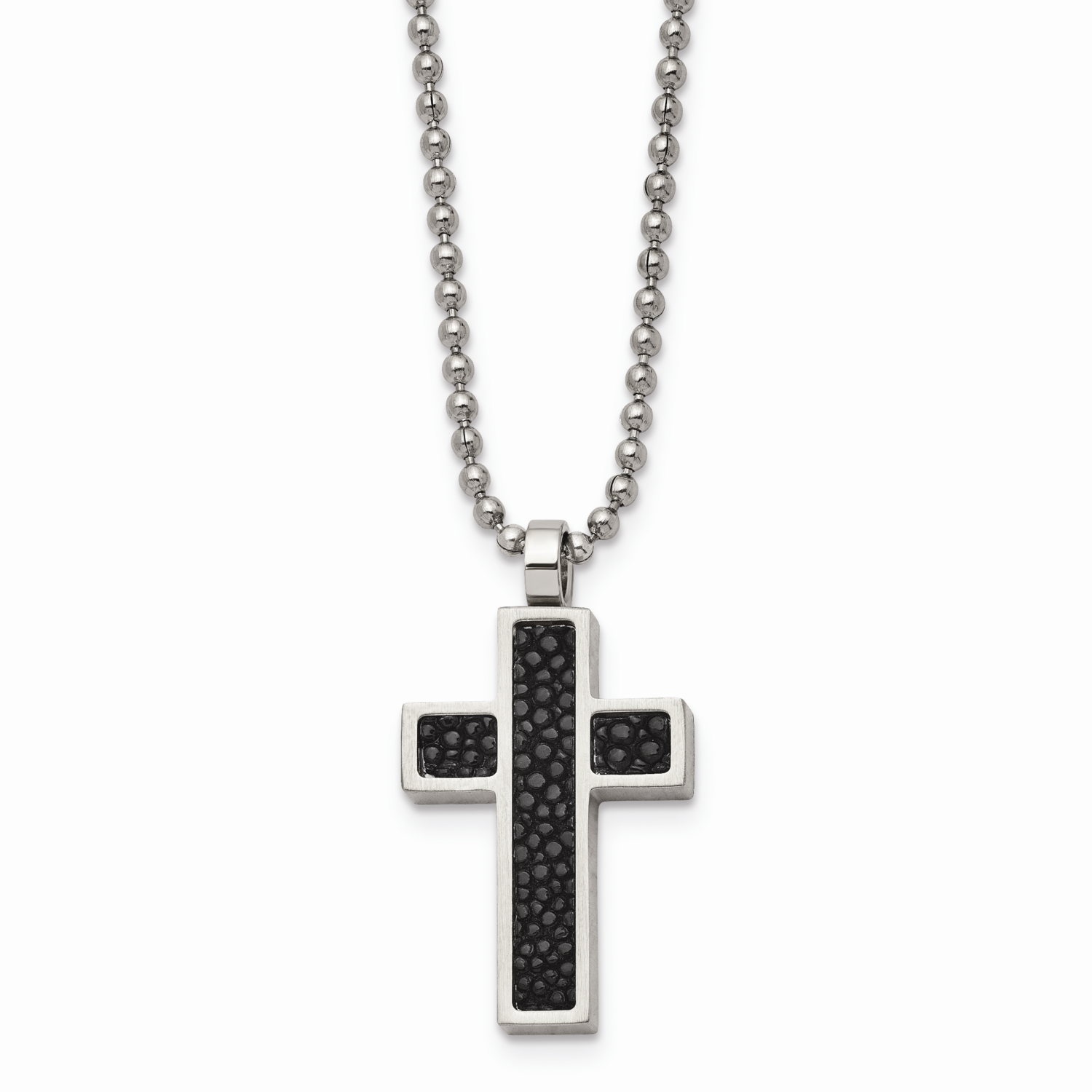 Black Stingray Leather Cross Pendant 24 Inch Necklace Stainless Steel SRN459-24 by Chisel, MPN: SRN…
