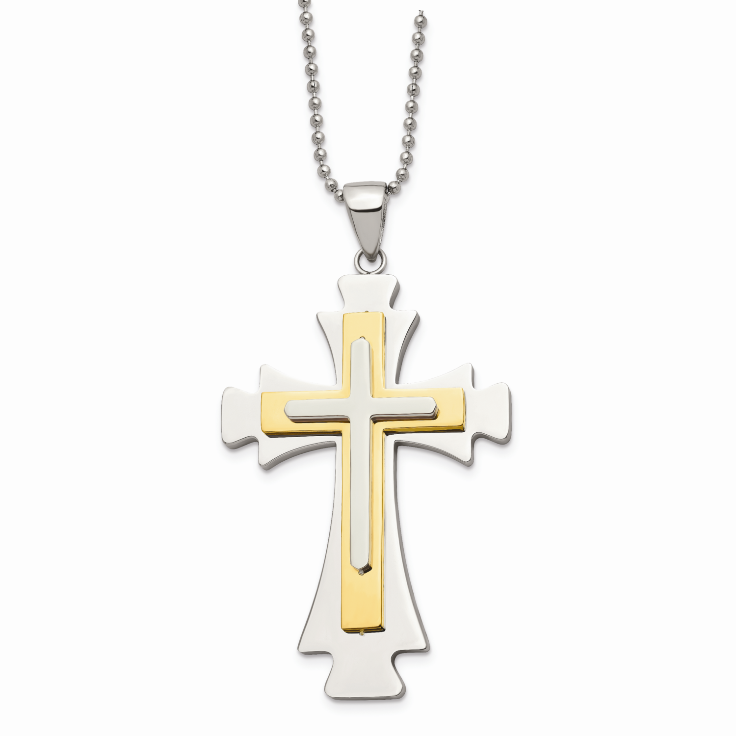 Gold IP-plated Cross Pendant 22 Inch Necklace Stainless Steel SRN482-22
