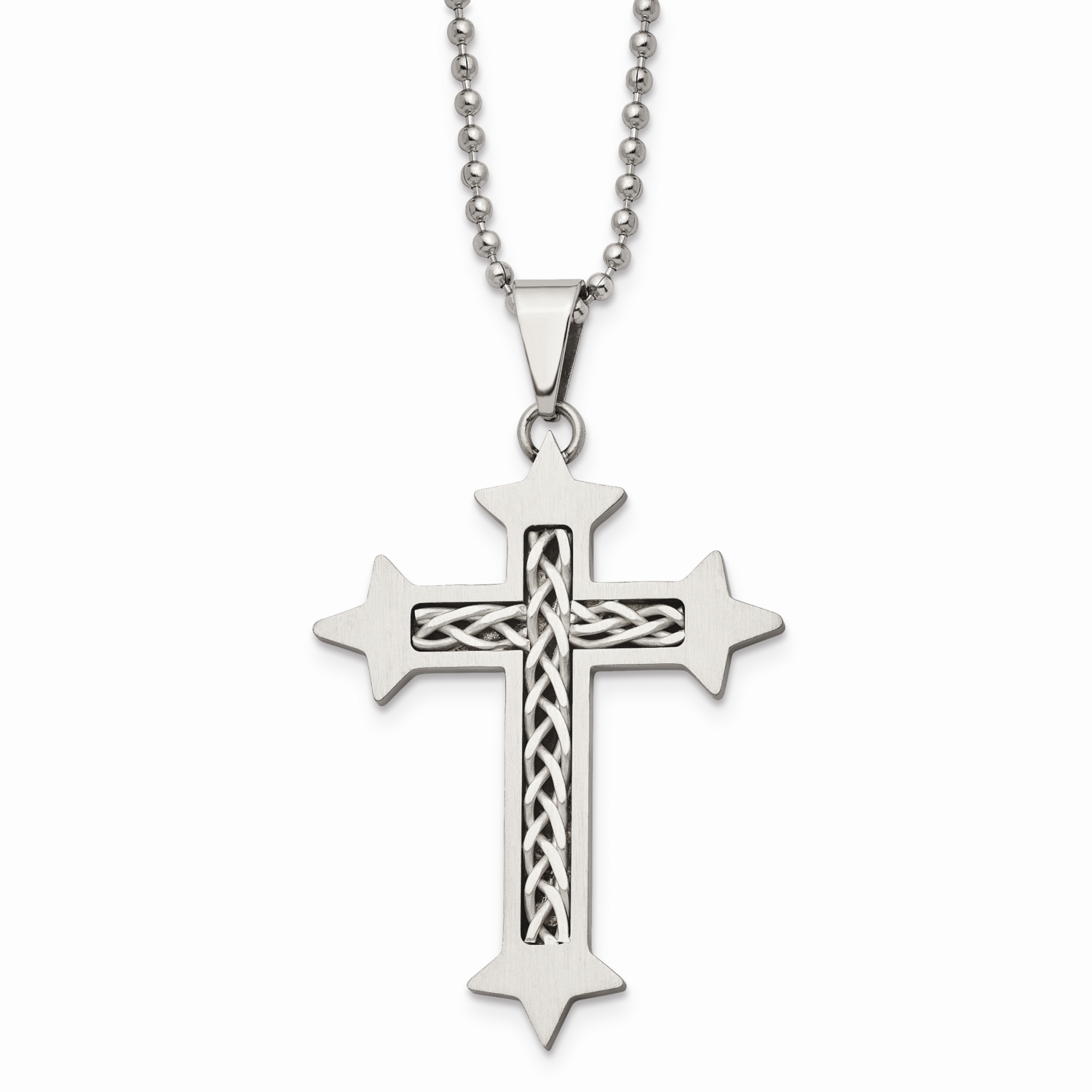 Silver Inlay Cross Pendant 24 Inch Necklace Stainless Steel SRN505-24