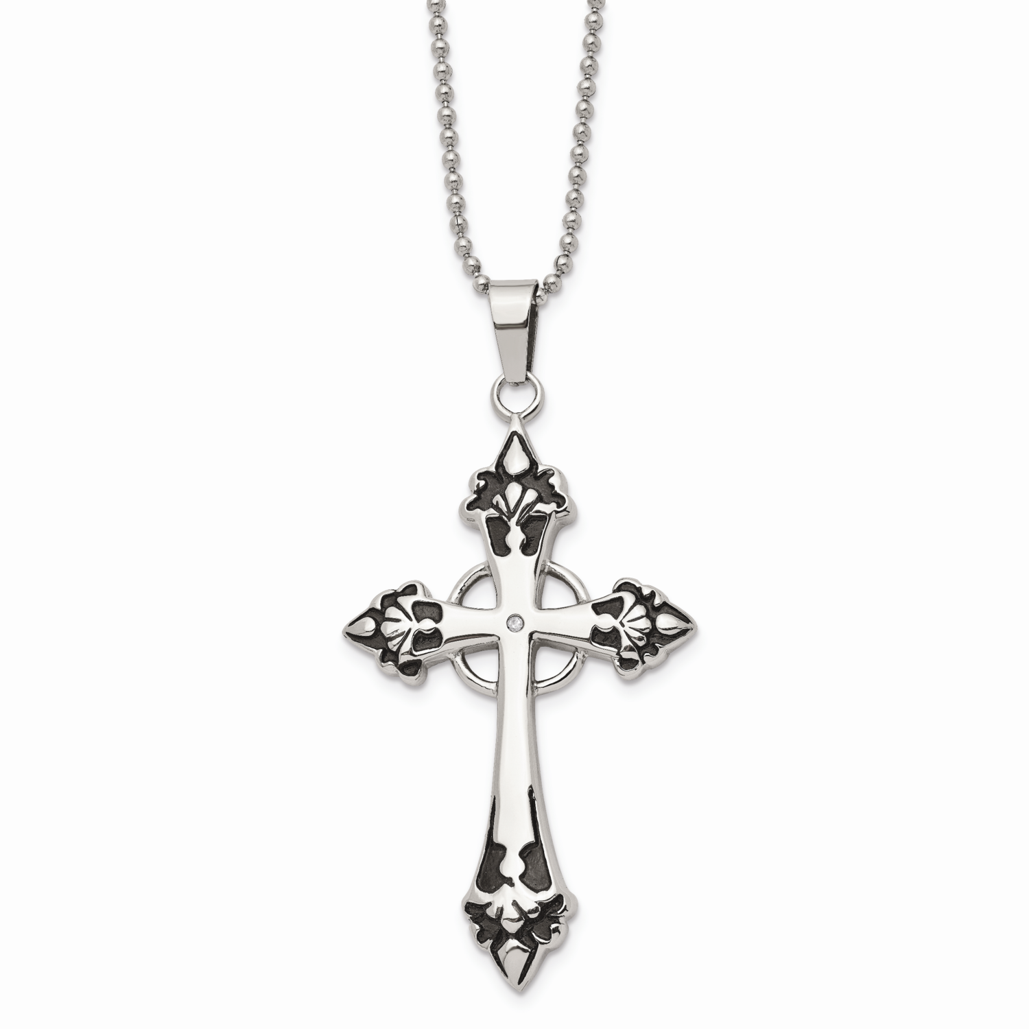 Enamel &amp; Diamond Cross Pendant Necklace Stainless Steel SRN511-24