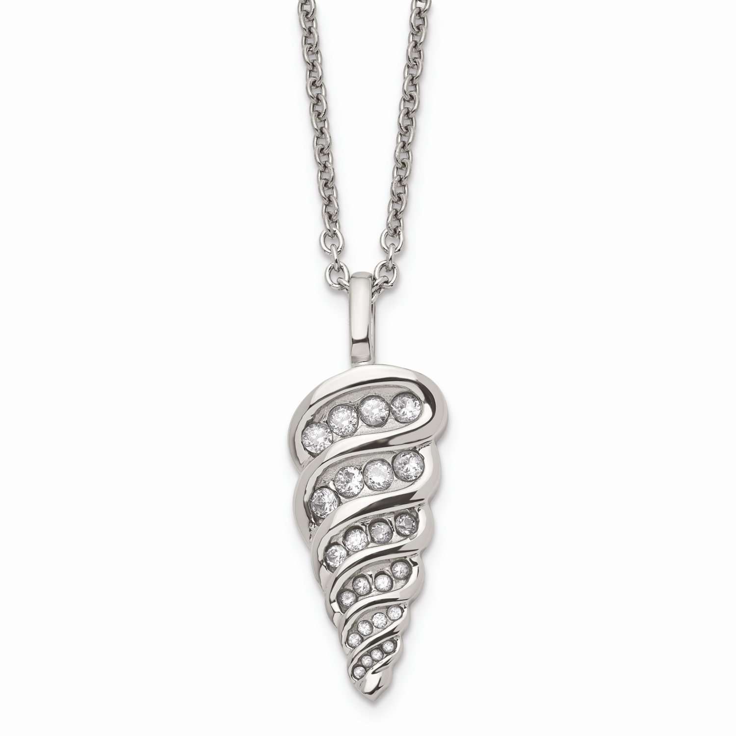 Fancy Shell CZ Stone Pendant 22 Inch Necklace Stainless Steel SRN592-22