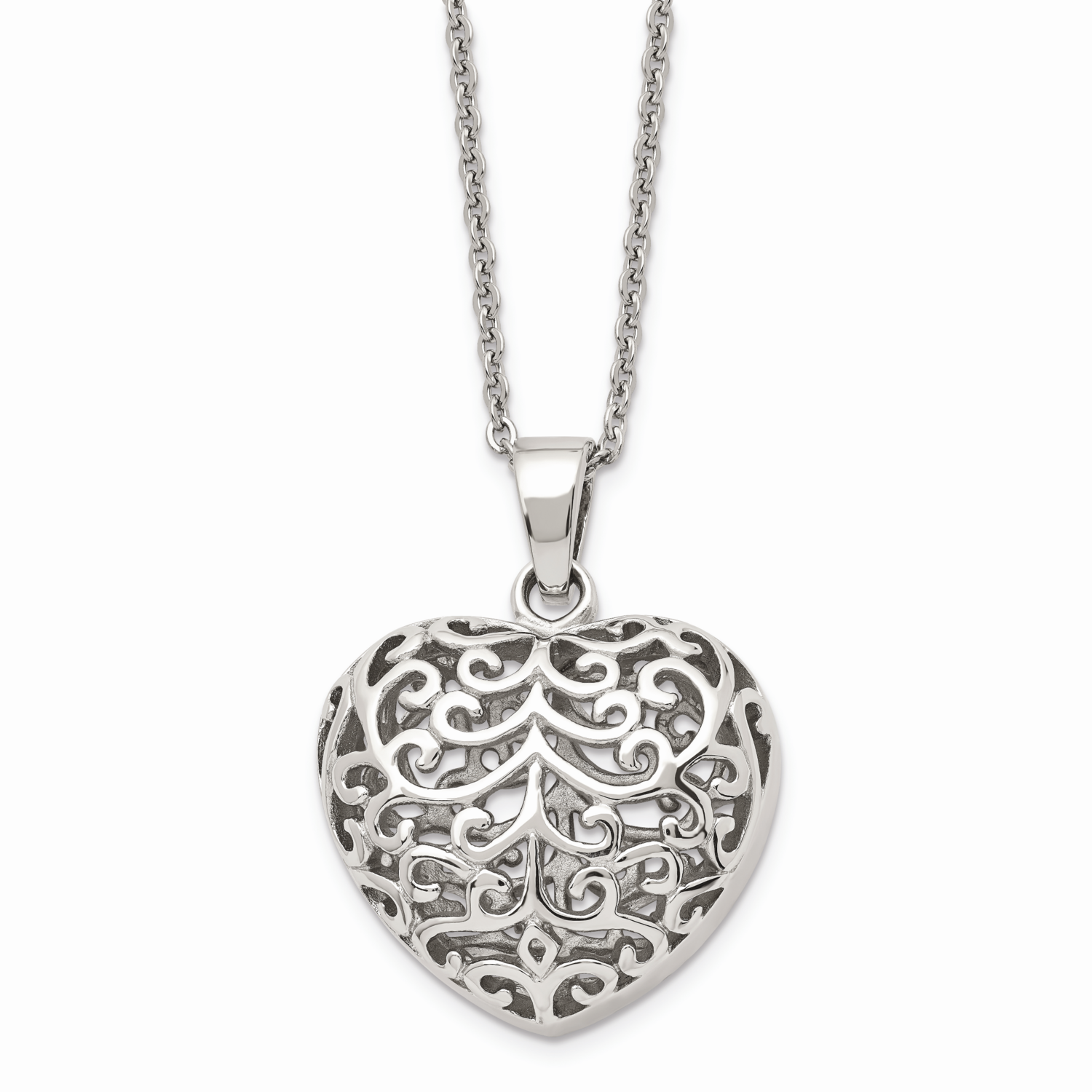 Filigree Puffed Heart Pendant Necklace Stainless Steel SRN601-22