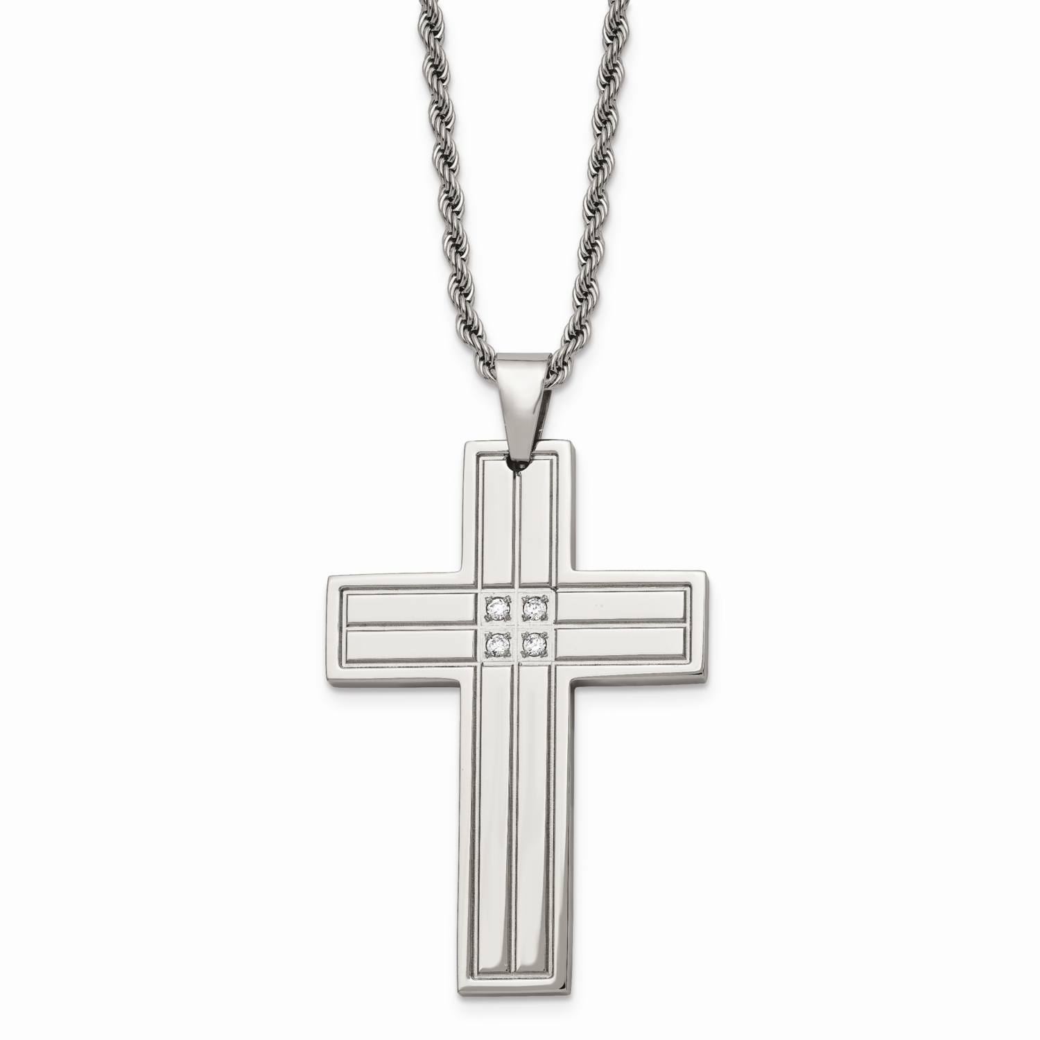 Cross CZ Stone Pendant Necklace Stainless Steel Polished SRN737-24