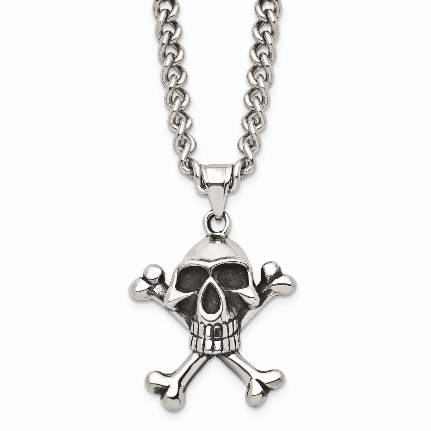 Skull &amp; Crossbones Pendant 24 Inch Necklace Stainless Steel Antiqued SRN800-24