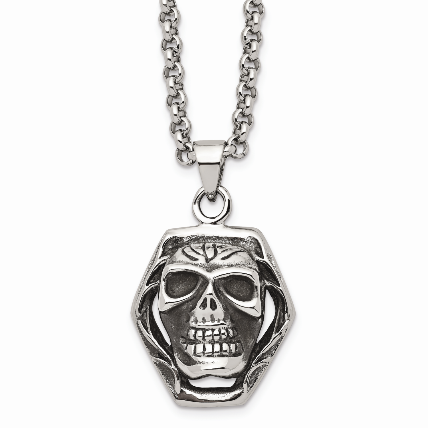 Skull Pendant 24 Inch Necklace Stainless Steel Antiqued SRN802-24 by Chisel, MPN: SRN802-24, 886774…