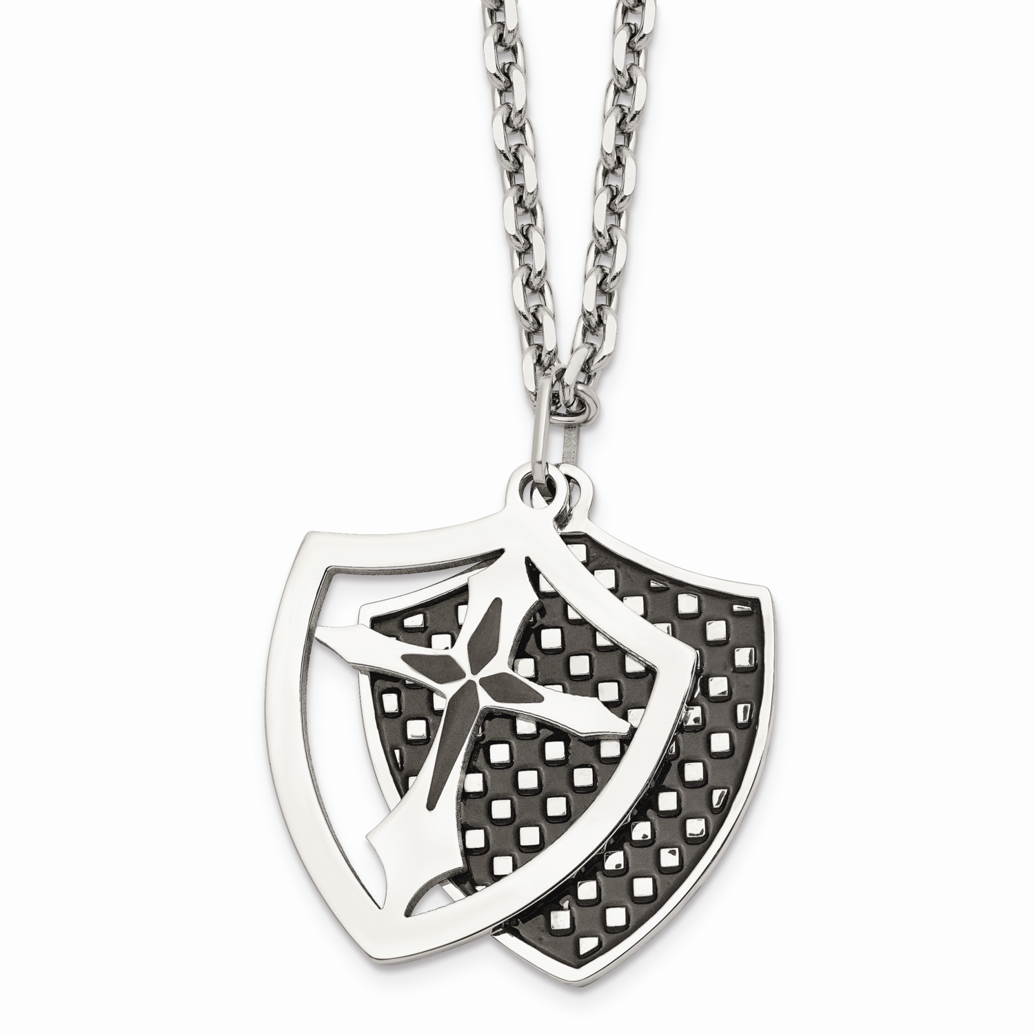 IP Black Plated Moveable Shield Pendant Necklace Stainless Steel SRN834-22