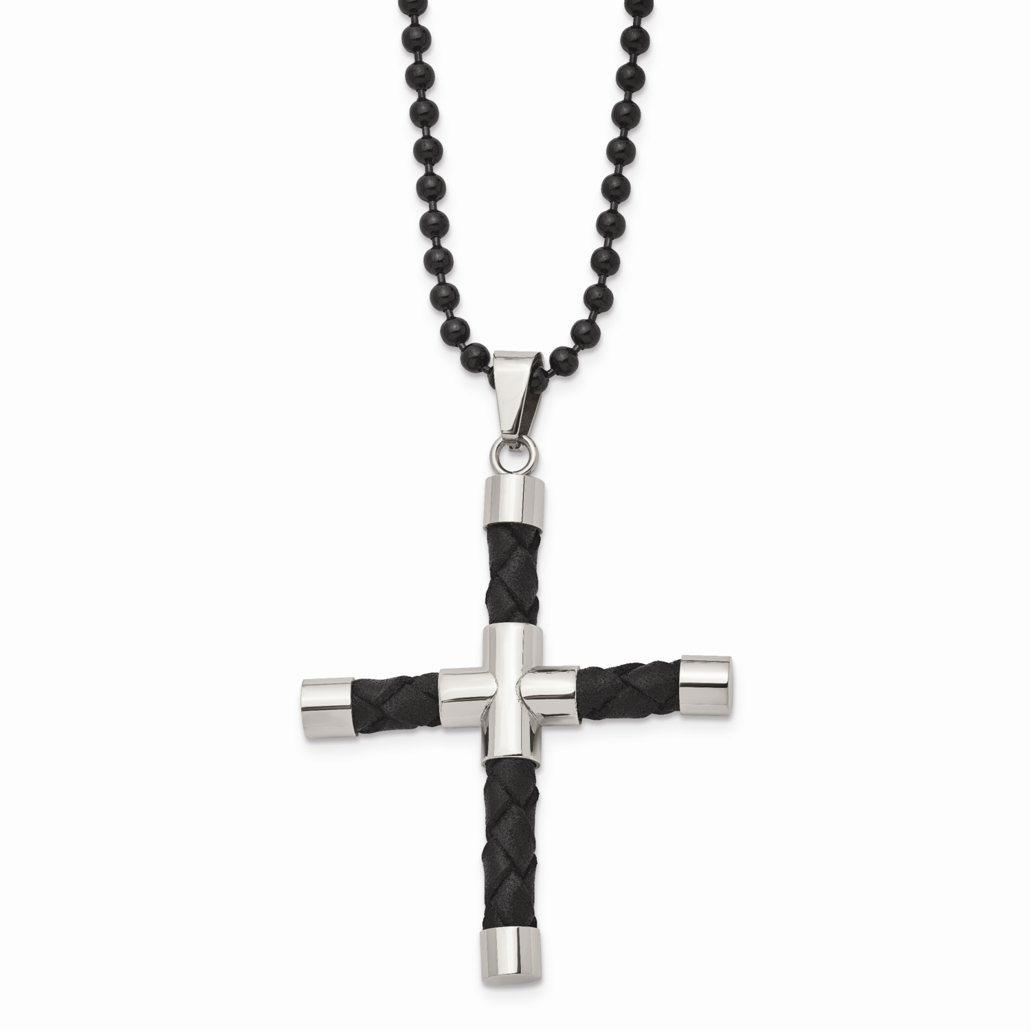 Black Leather &amp; Polished Black IP-plated Cross Necklace Stainless Steel SRN835-24