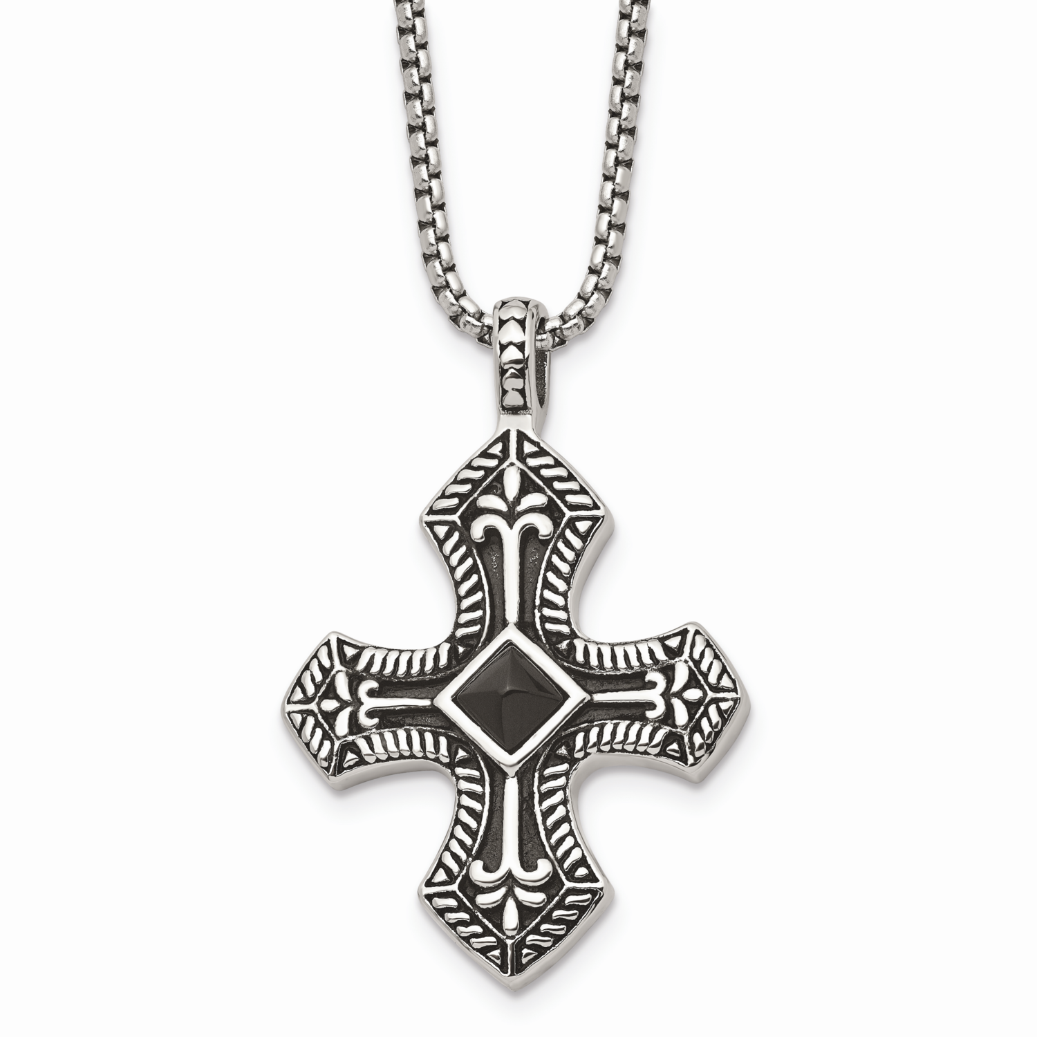 Black Agate &amp; Antiqued Cross Pendant Necklace Stainless Steel SRN837-24 by Chisel, MPN: SRN837-24, …