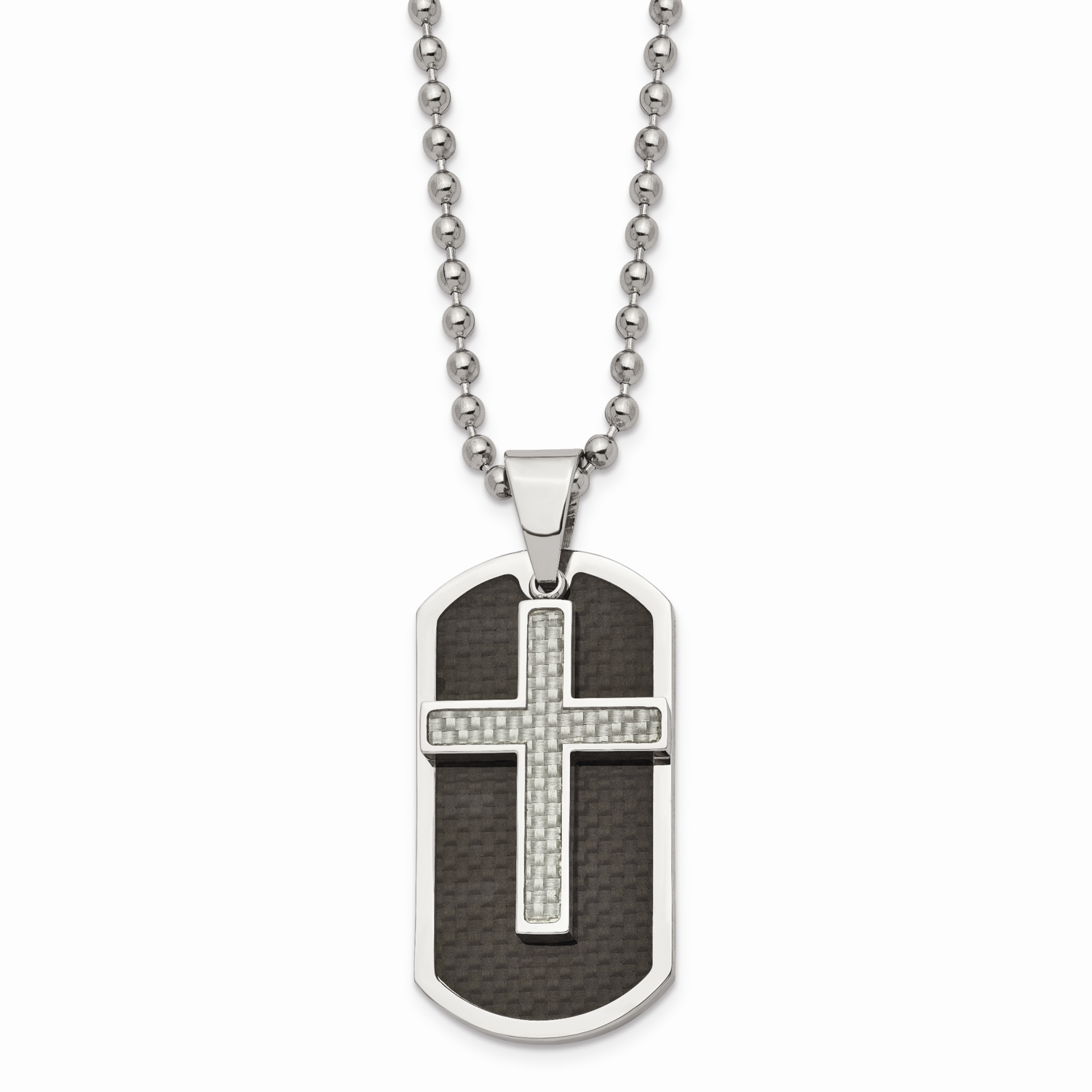 Blk/Grey Carbon Fiber Inlay Cross/DogTag Necklace Stainless Steel Polished SRN840-24