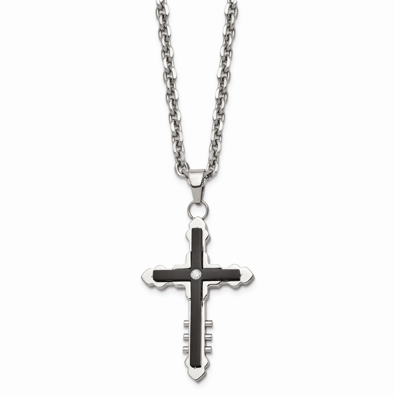 IP Black-plated & CZ Stone Stone Cross Pendant Necklace Stainless Steel SRN859-22