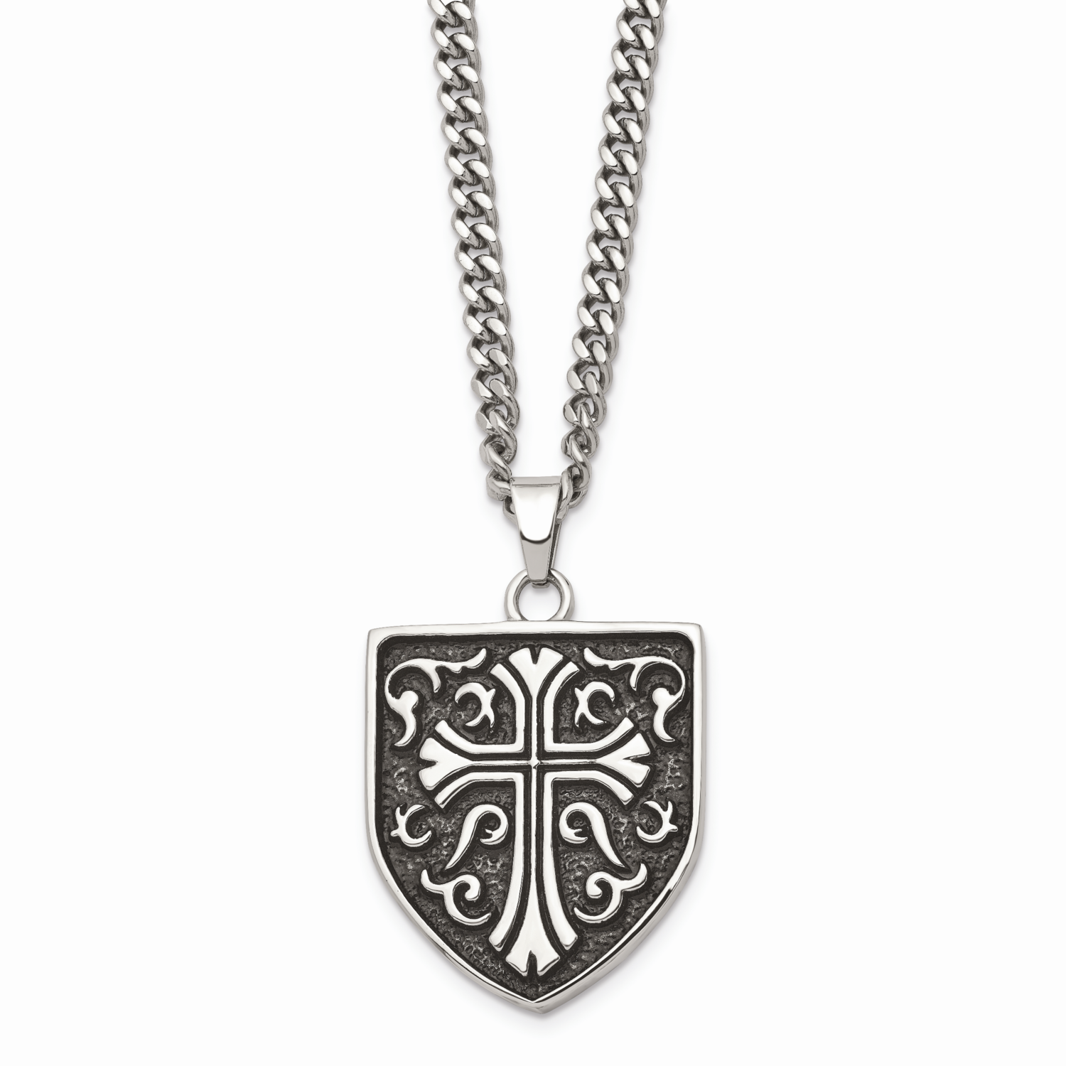 Cross Shield Pendant Necklace Stainless Steel Antiqued SRN873-24