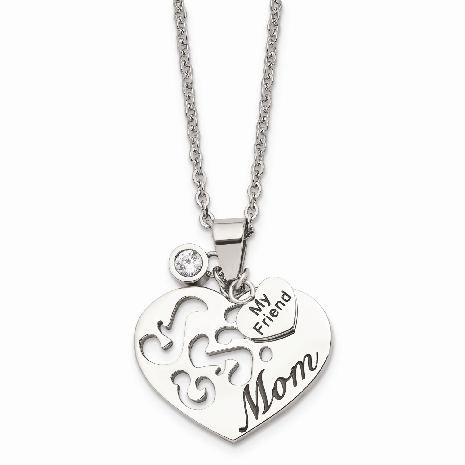 Mom with CZ Stone Stone and My Friend Pendant Necklace Stainless Steel SRN889-24