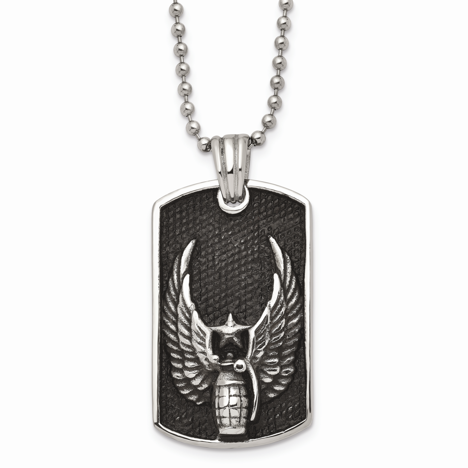 Wings Dog Tag Pendant Necklace Stainless Steel Antiqued SRN923-22