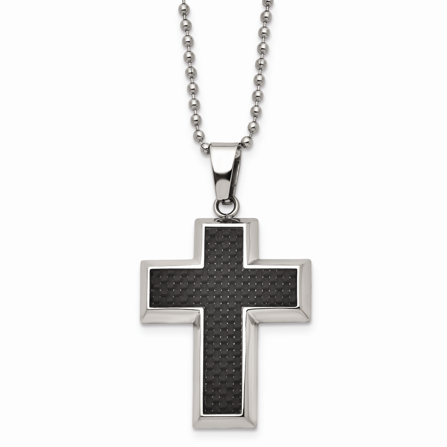 Polished Black Carbon Fiber Inlay Cross 22 Inch Necklace Titanium TBN113-22