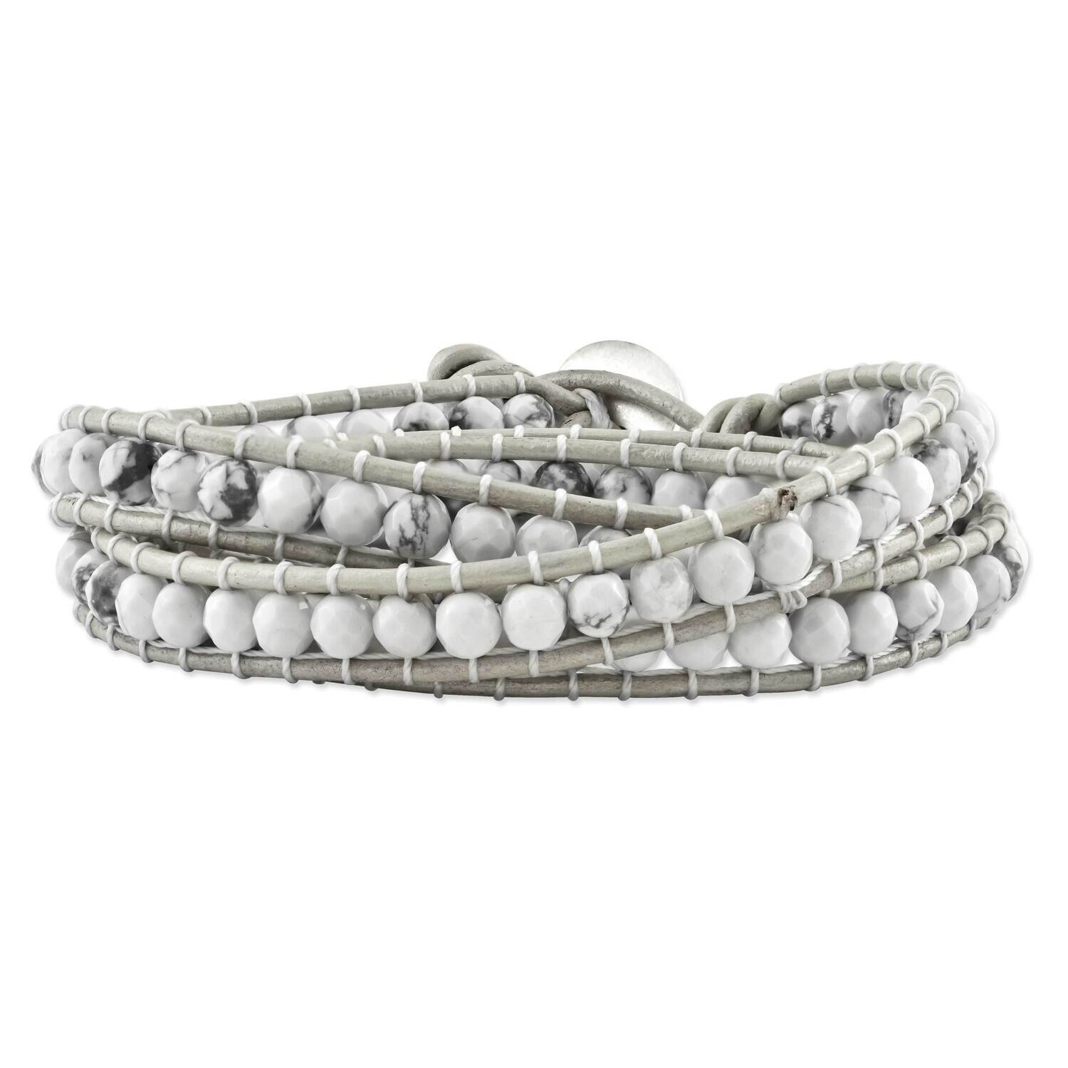 White Howlite Beaded and Leather Bracelet Multi Wrap BF1621