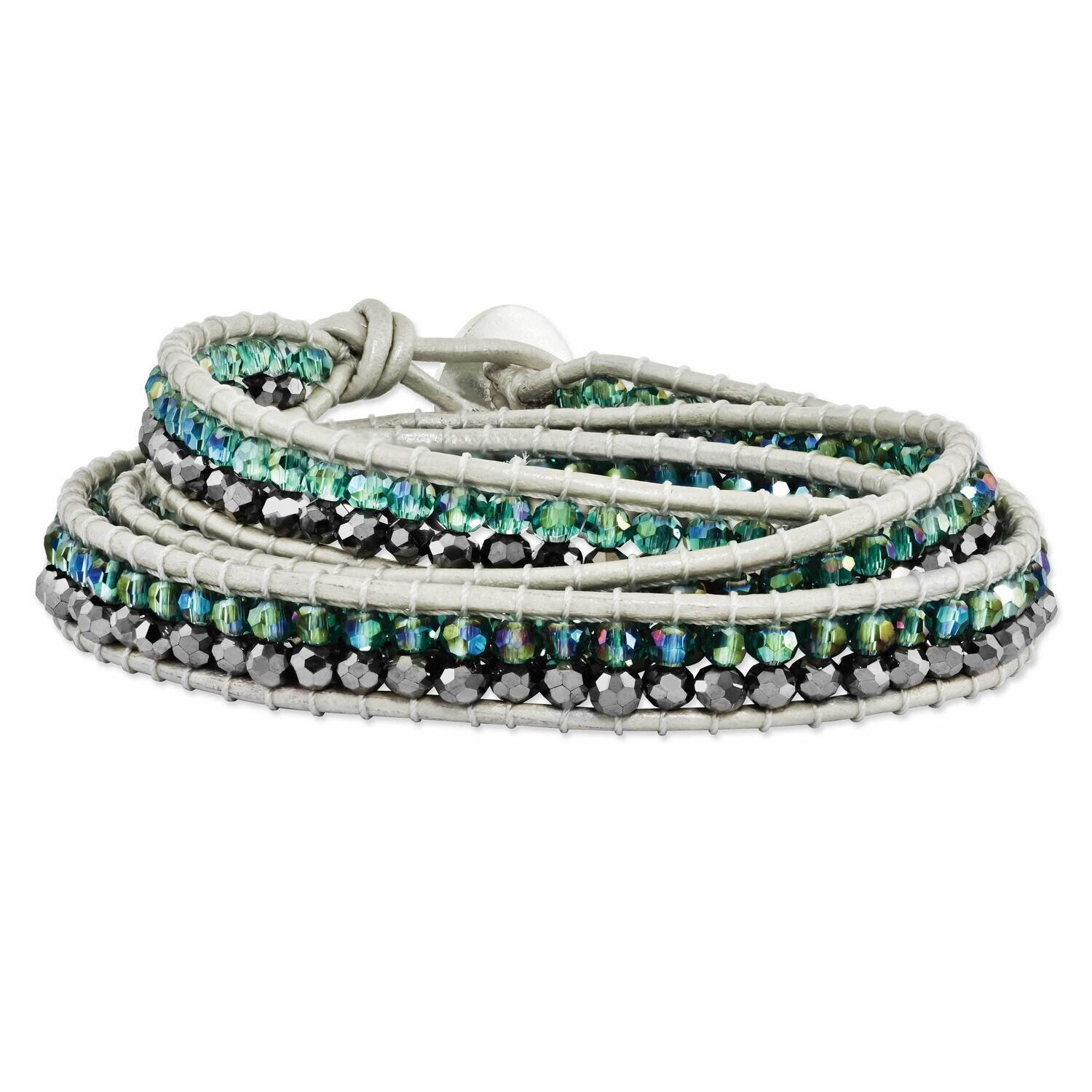 Green Aurora Borealis &amp; Grey Crystal Bead Leather Bracelet Multi Wrap BF1625, MPN: BF1625, 19110109…