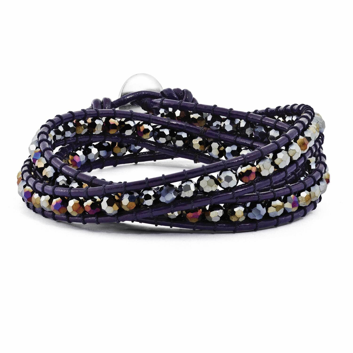 Dark Grey Aurora Borealis Crystal Bead and Leather Bracelet Multi Wrap BF2097