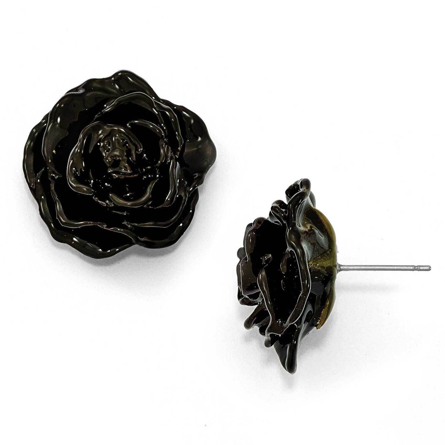 Lacquer Dipped Black Rose Earrings Silver-tone BF2761, MPN: BF2761, 812465020802