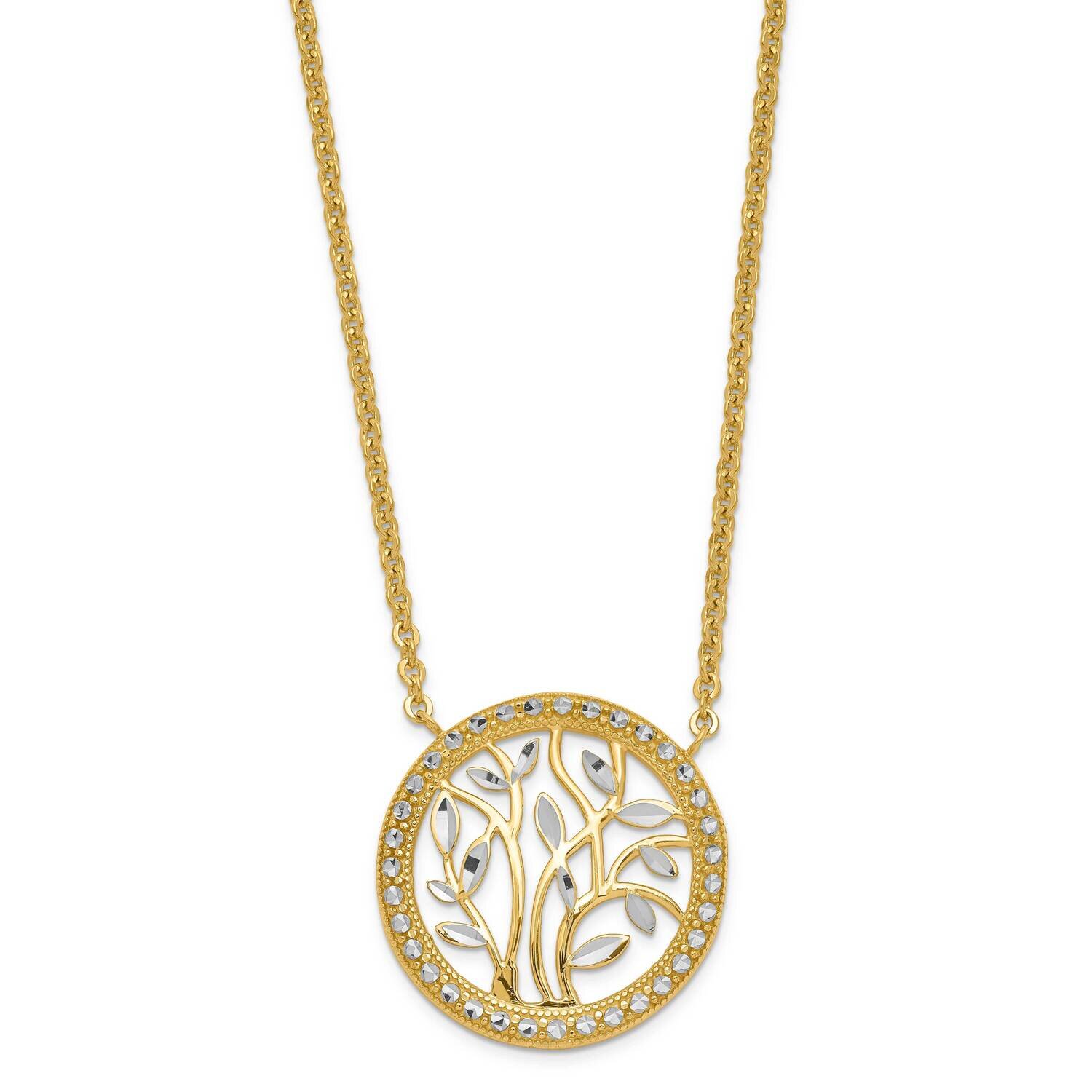 Cable Chain with Rhod Plated Tree Branch Pendant 14k Yellow Gold CMEI18104-17
