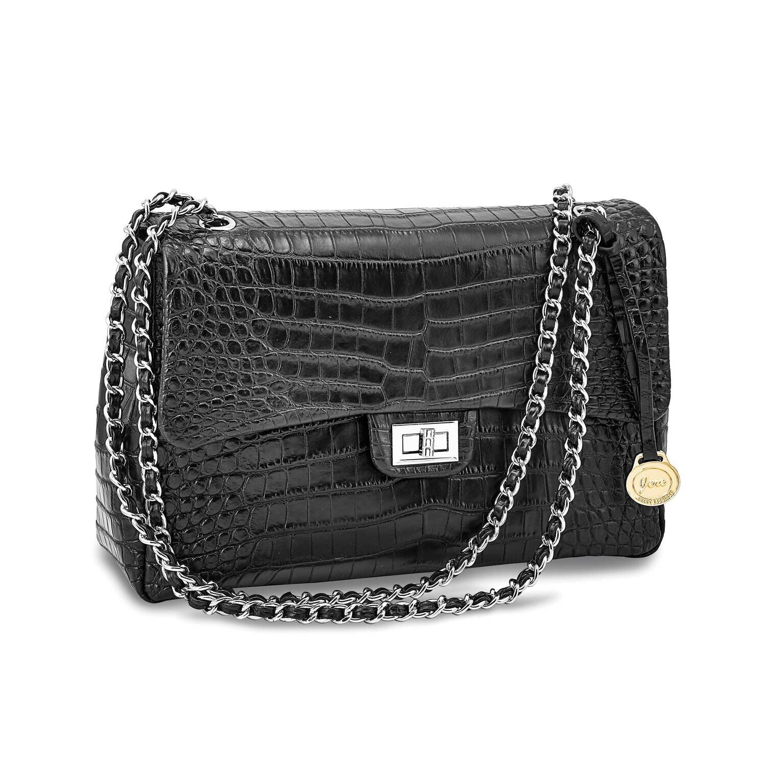 Leather Croc Texture Black Chain Strap Handbag Top Grain JLL103-BL