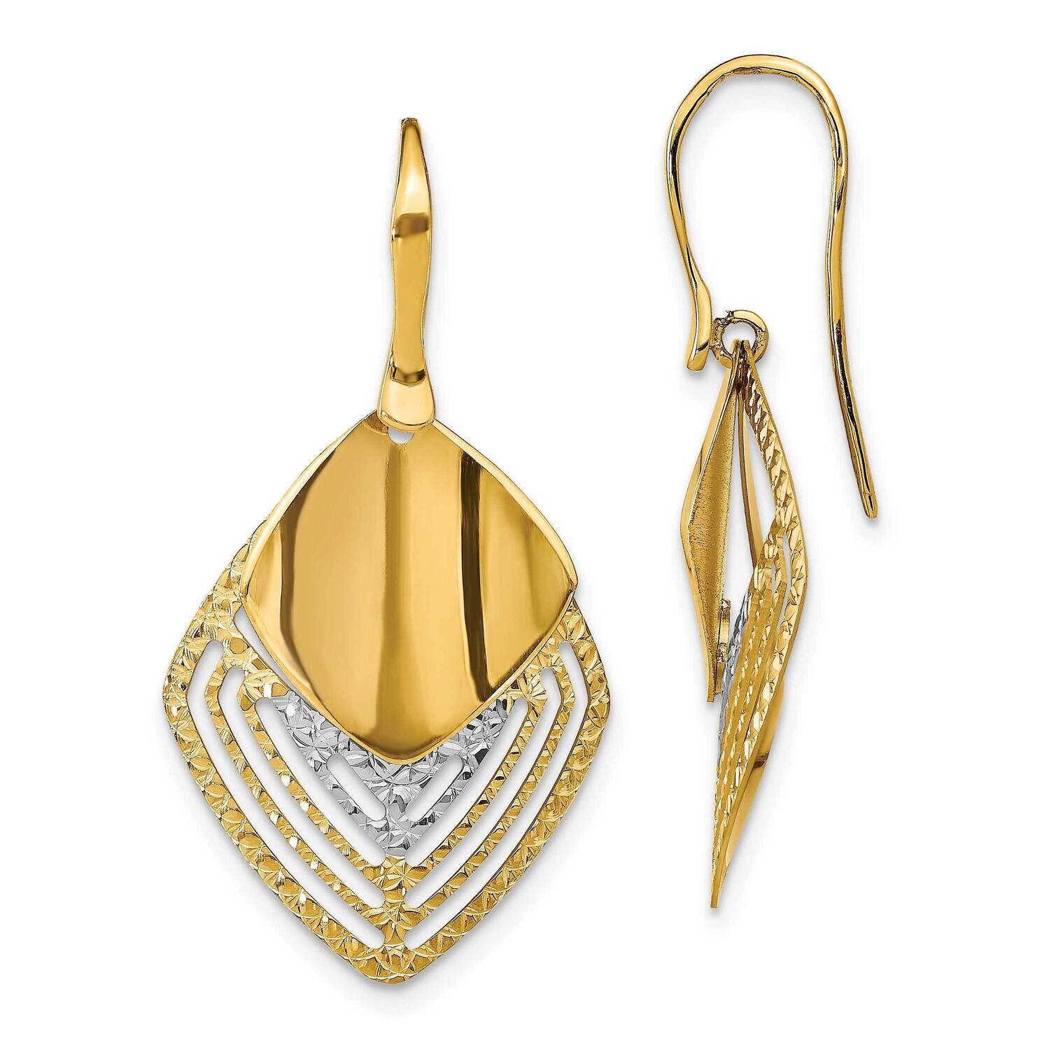 Rhodium Polished Brushed Diamond-Cut Dangle Earrings 14k White Gold LE1990