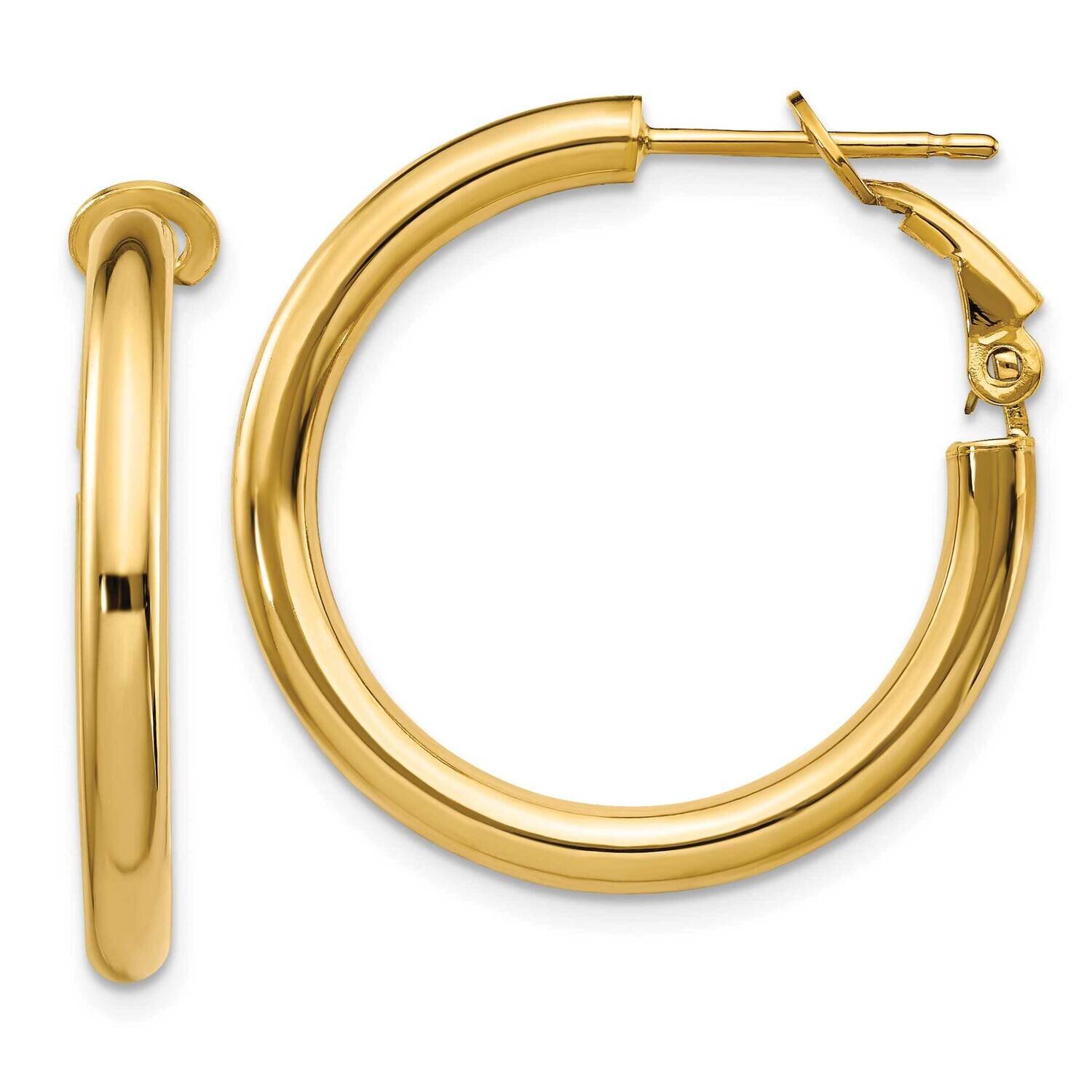 3x20mm Polished Round Omega Back Hoop Earrings 14k Gold PRE923