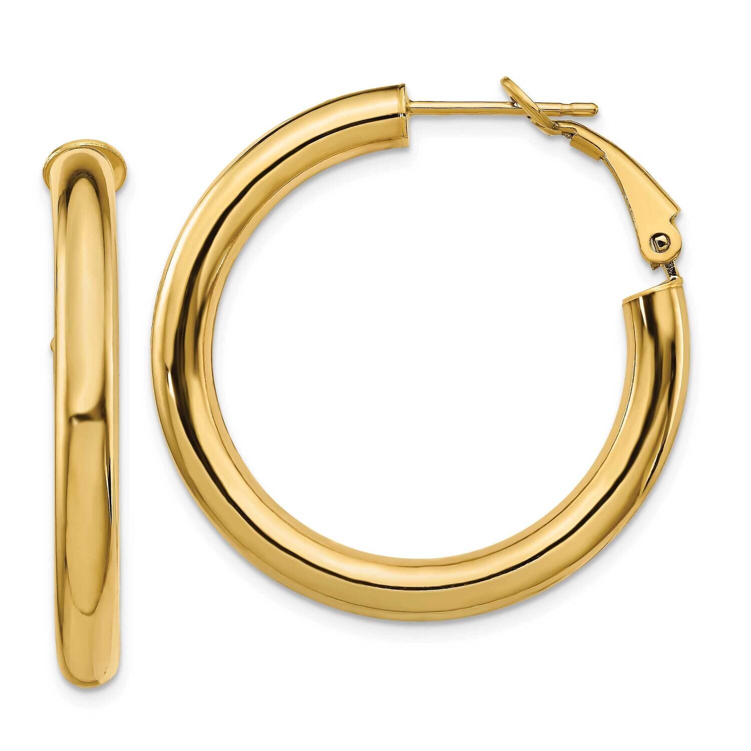 4x25mm Polished Round Omega Back Hoop Earrings 14k Gold PRE928
