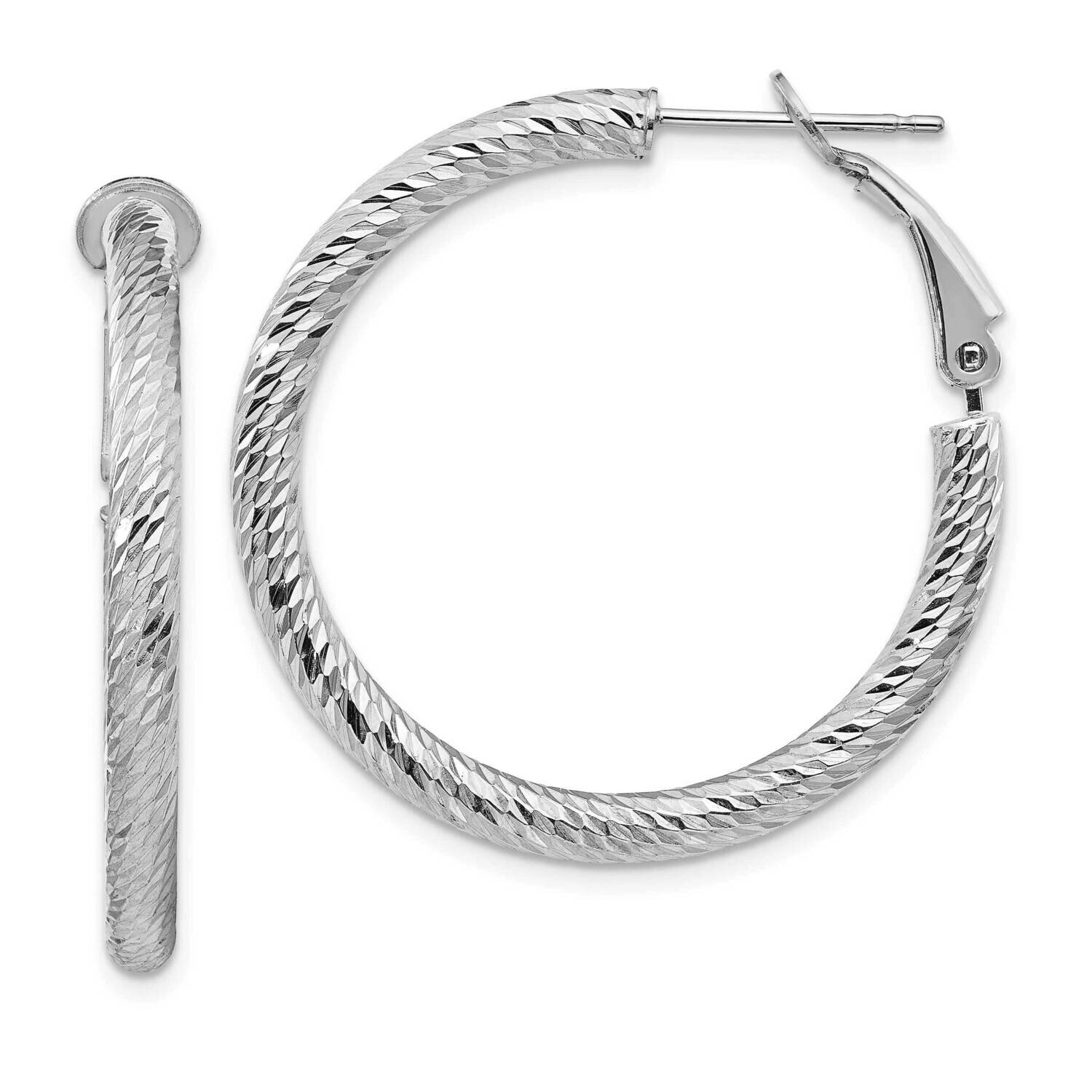 3x25mm White Gold Diamond-Cut Round Omega Back Hoop Earrings 14k Gold PRE940W, MPN: PRE940W, 191101…