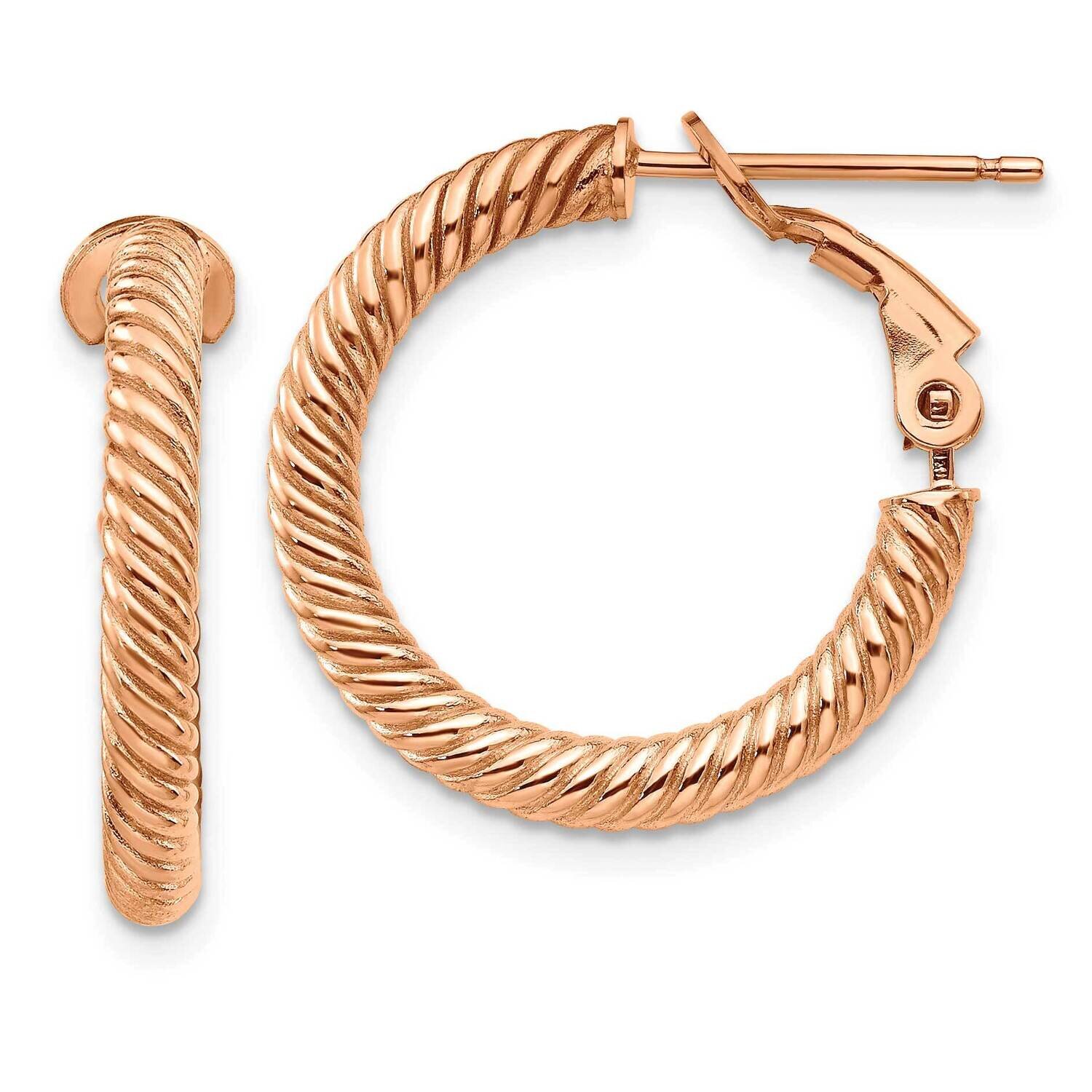 3x15mm Rose Gold Twisted Round Omega Back Hoop Earrings 14k Gold PRE942R, MPN: PRE942R, 191101022012