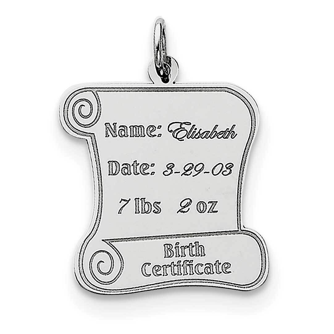 Personalizable Birth Certificate Charm Sterling Silver Rhodium-plated QC7183, MPN: QC7183, 88395759…