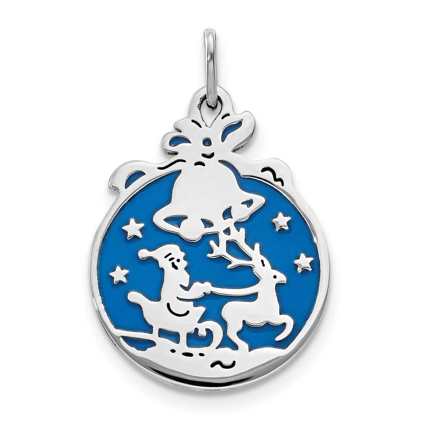 Polished Blue Enamel Santa with Reindeer Circle Pendant Sterling Silver QC9350