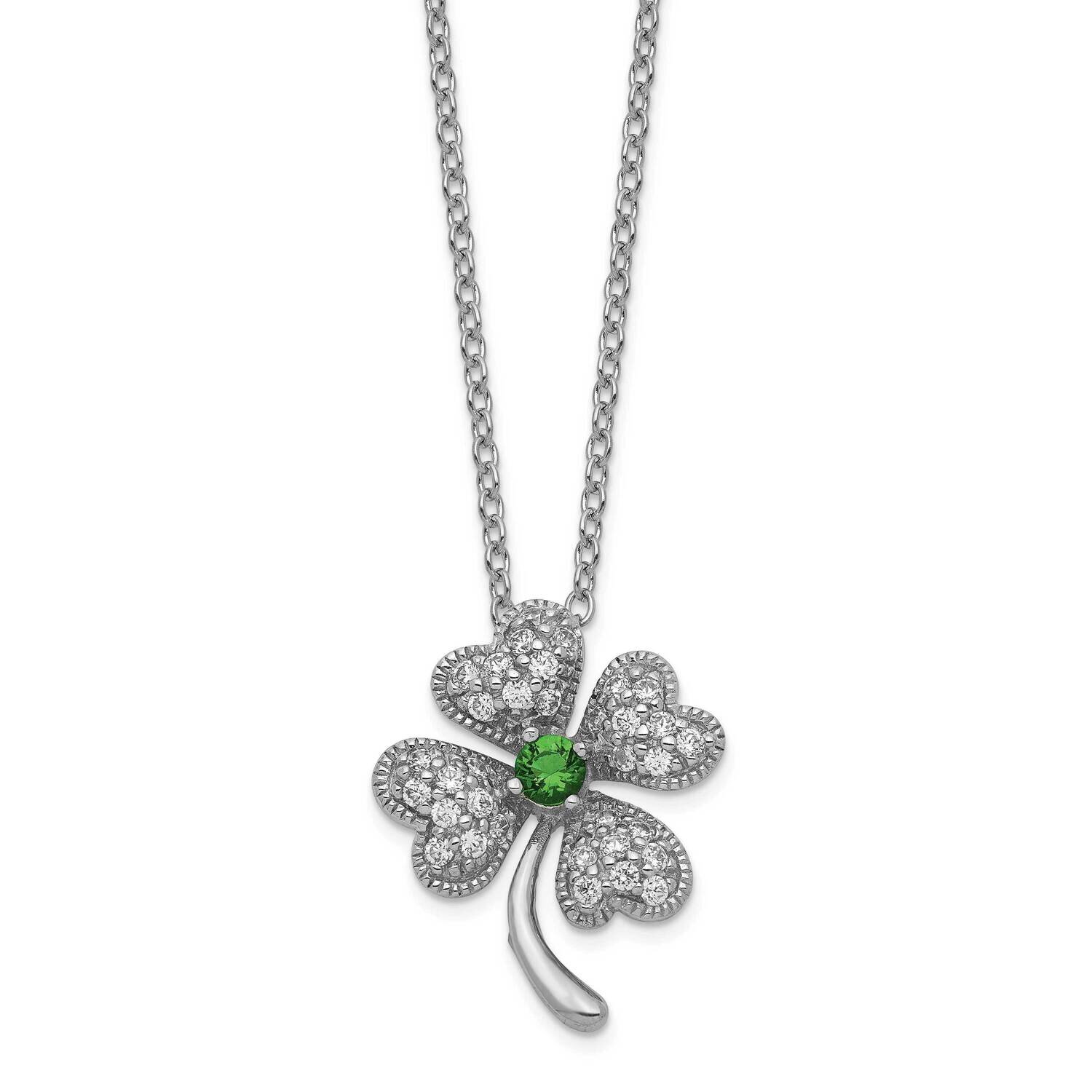 Cheryl M Glass Sim.Emerald & Cz 4-Leaf Clover 18 Inch Necklace Sterling Silver Rhodium-plated QCM367-18