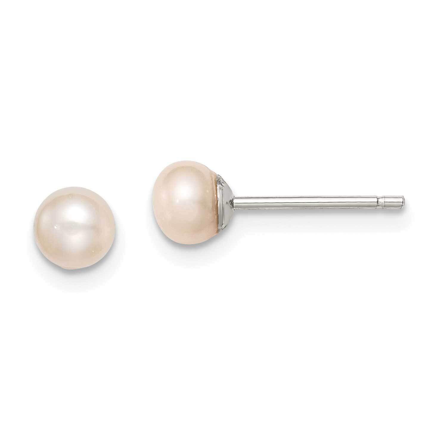 4-5mm Pink Fw Cultured Button Pearl Stud Earrings Sterling Silver Rhodium-plated QE12683