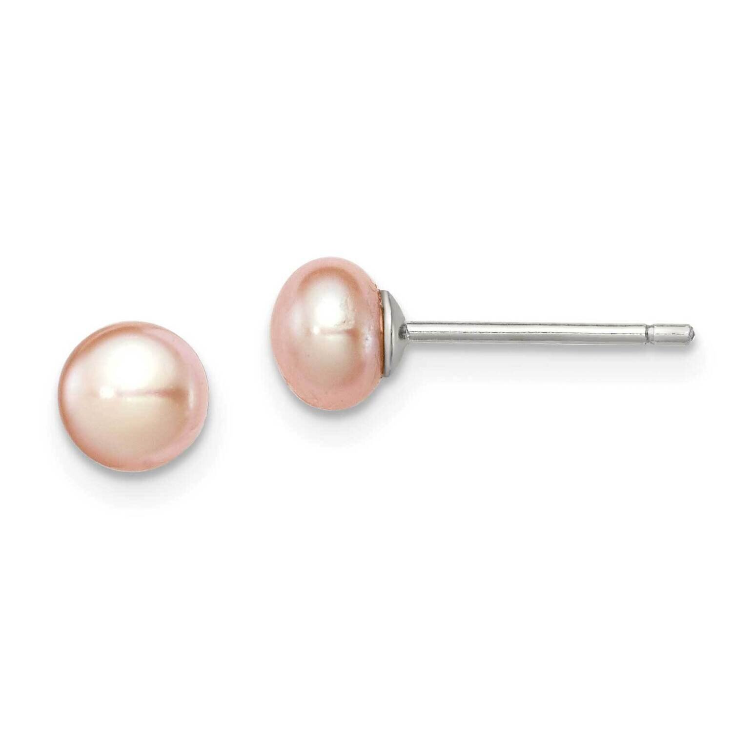 5-6mm Pink Fw Cultured Button Pearl Stud Earrings Sterling Silver Rhodium-plated QE12684, MPN: QE12…