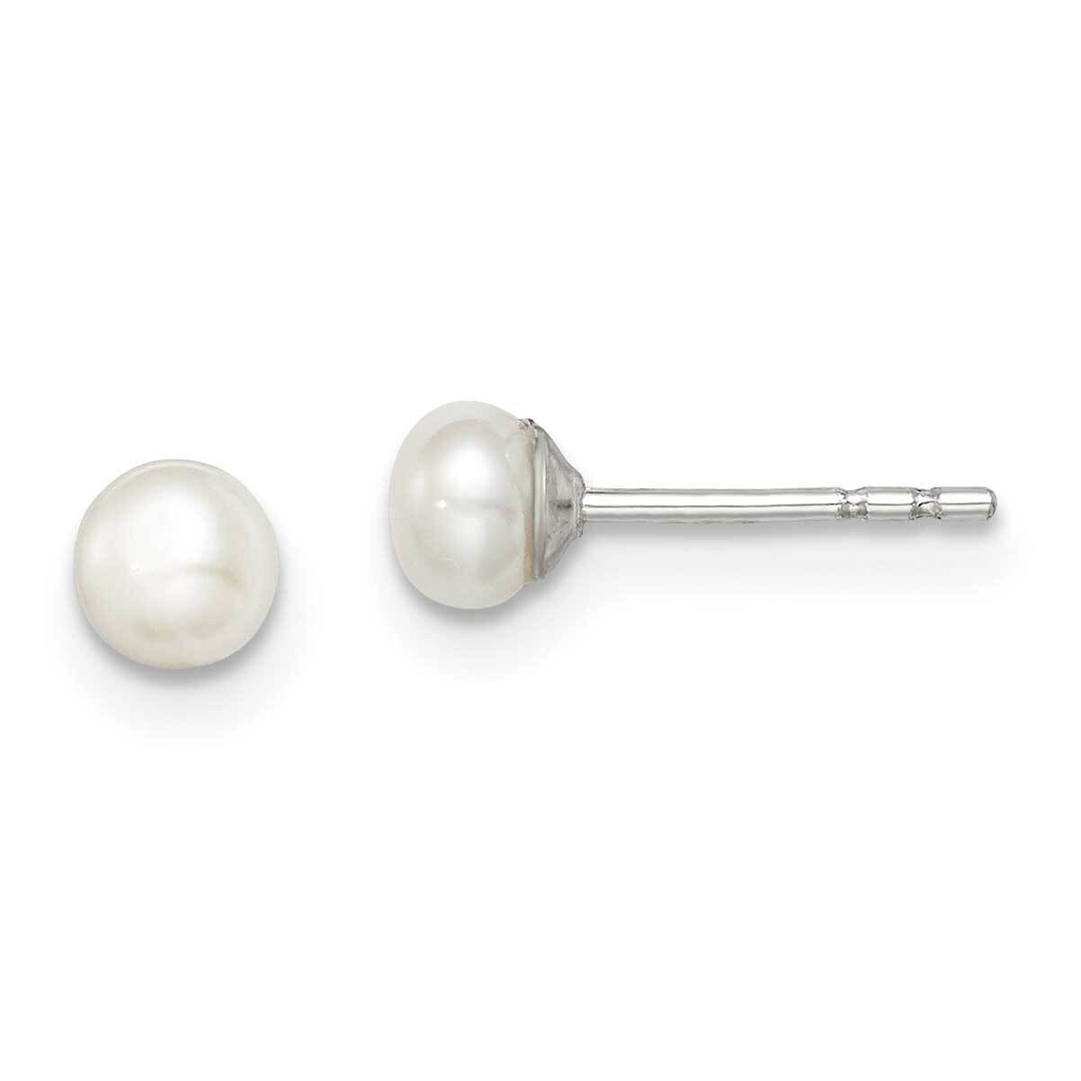 3-4mm White Fw Cultured Button Pearl Stud Earring Sterling Silver Rhodium-plated QE12697
