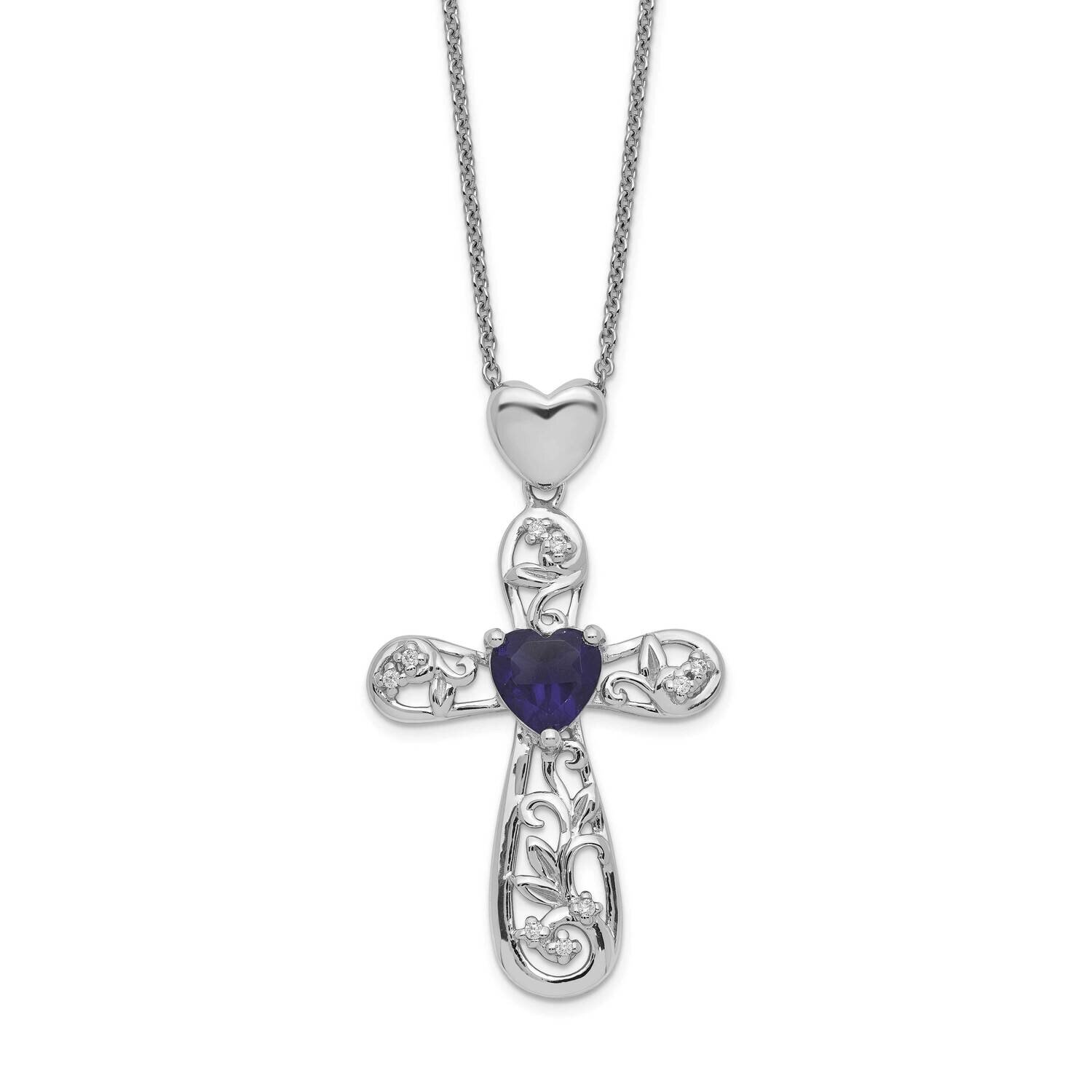 Blue & Clear Cz Heart Cross Necklace Sterling Silver QG5176-17.5