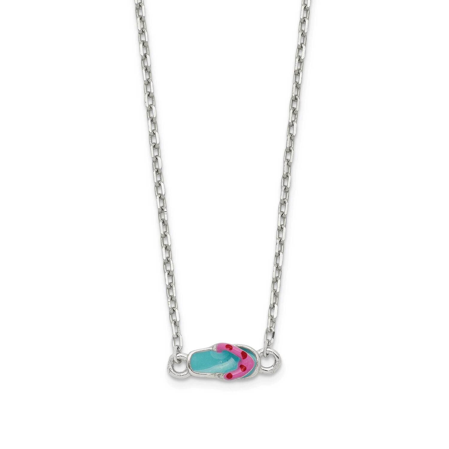 Teal &amp; Pink Enameled Flip-Flop with 2 Inch Extension Necklace Sterling Silver QG5291-16, MPN: QG529…