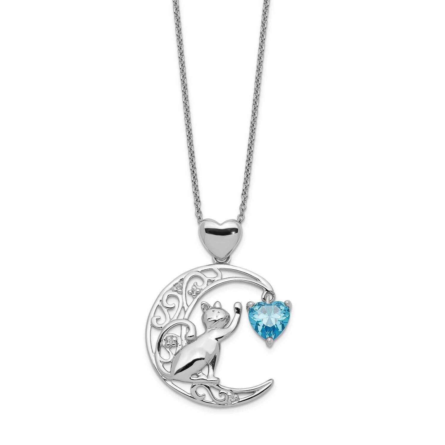 Blue & Clear Cz Cat & Moon Necklace Sterling Silver QG5427-17.5