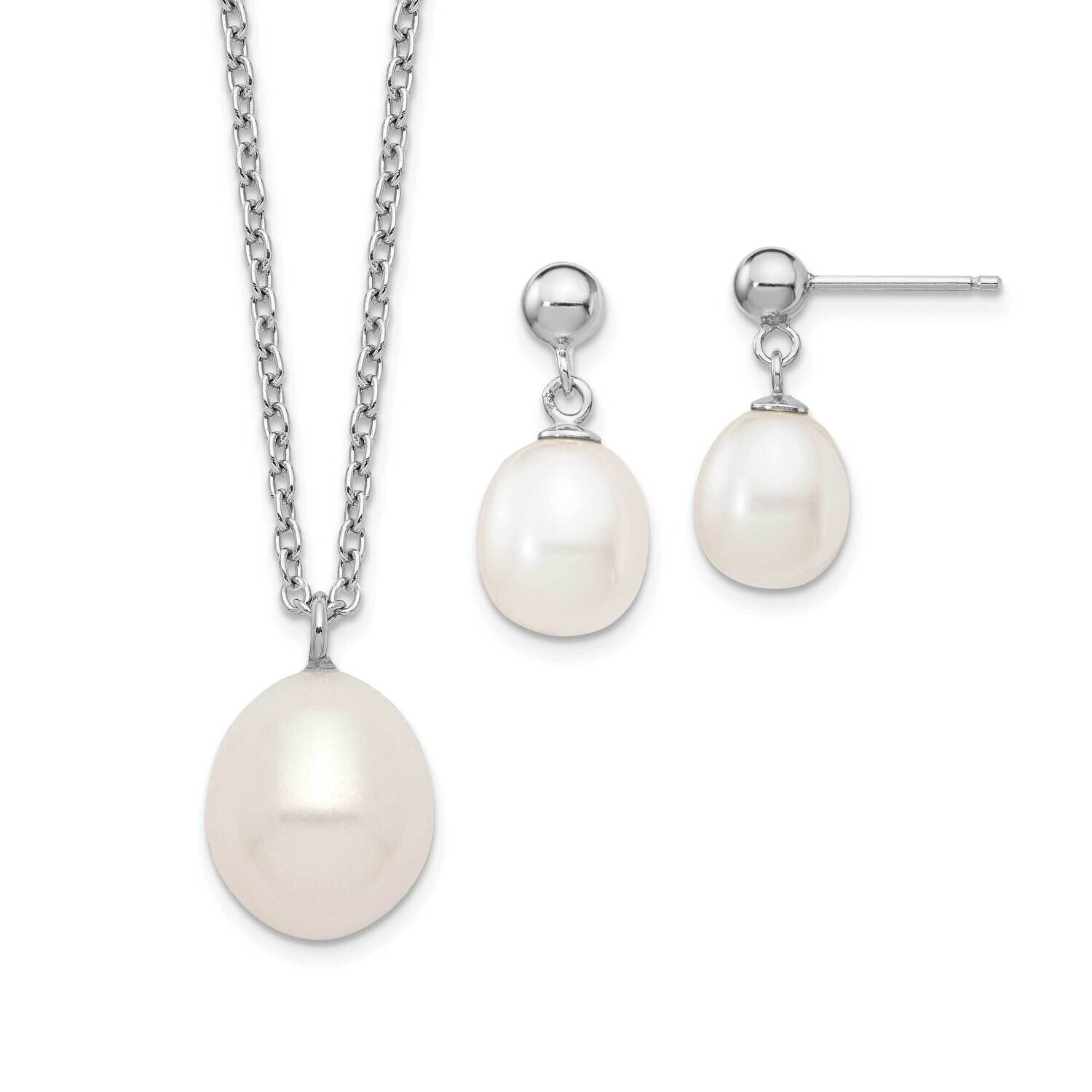 8-9mm Rice Fwc Pearl Necklace and Earrings Set Sterling Silver Rhodium-plated QG5615SET